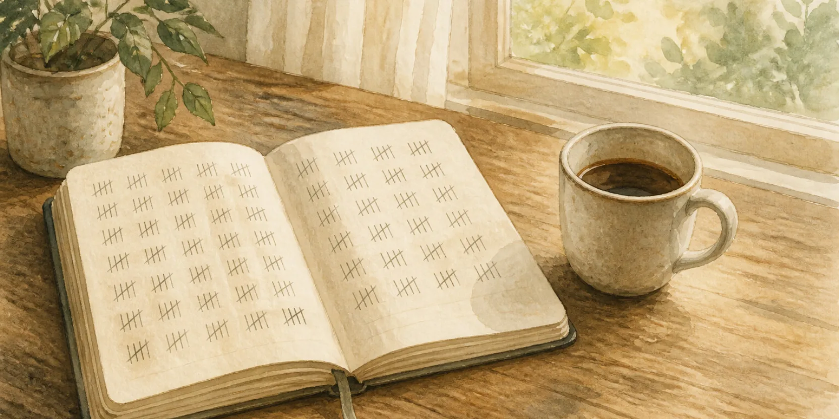 A notebook with tally marks and a coffee cup on a wooden table, counting how many Georgian words you need to know.