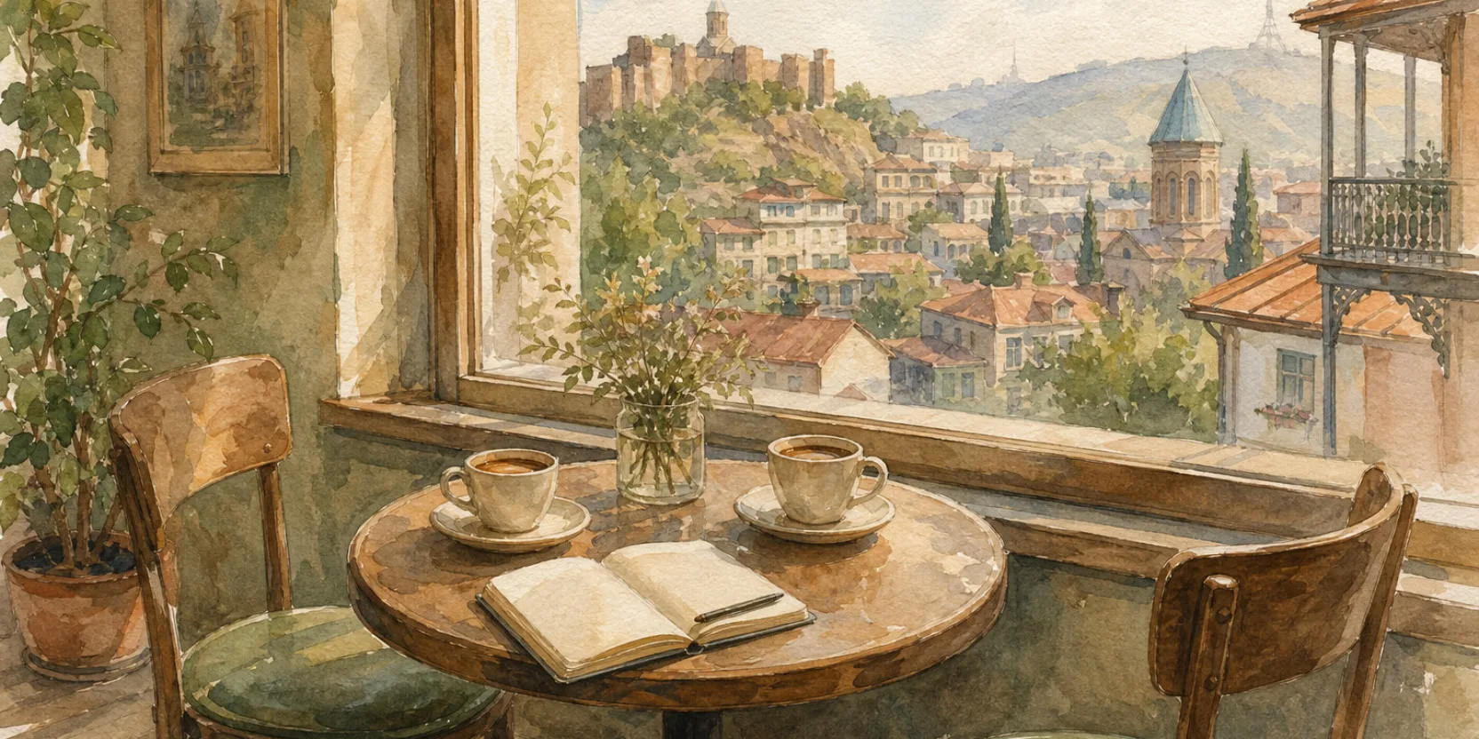 A sunny Tbilisi cafe table set for a first meeting, representing introducing yourself in Georgian