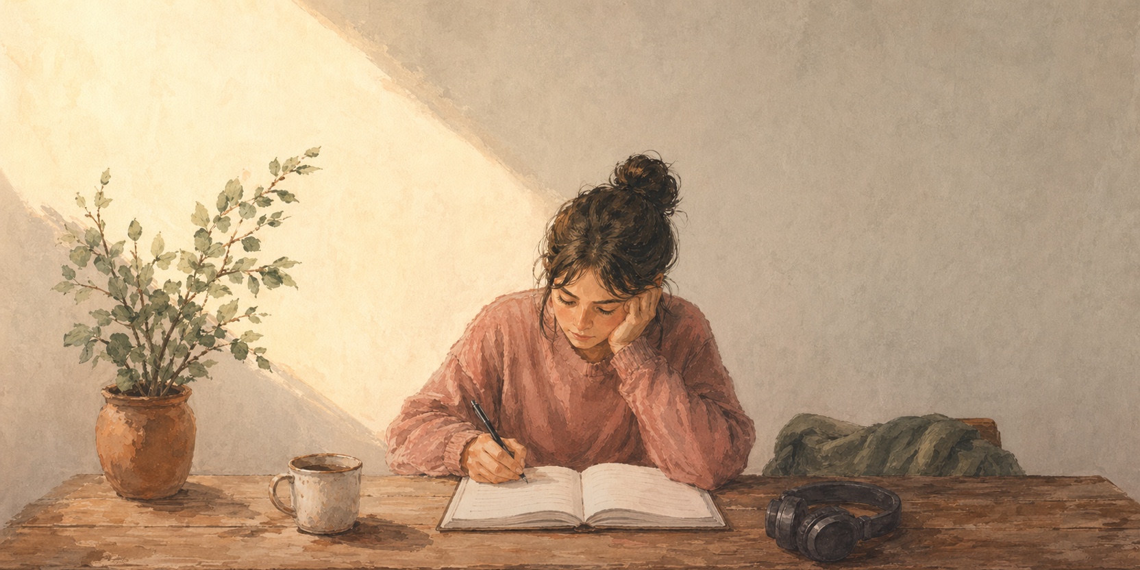 Open notebook with Georgian phrases, headphones beside, soft daylight