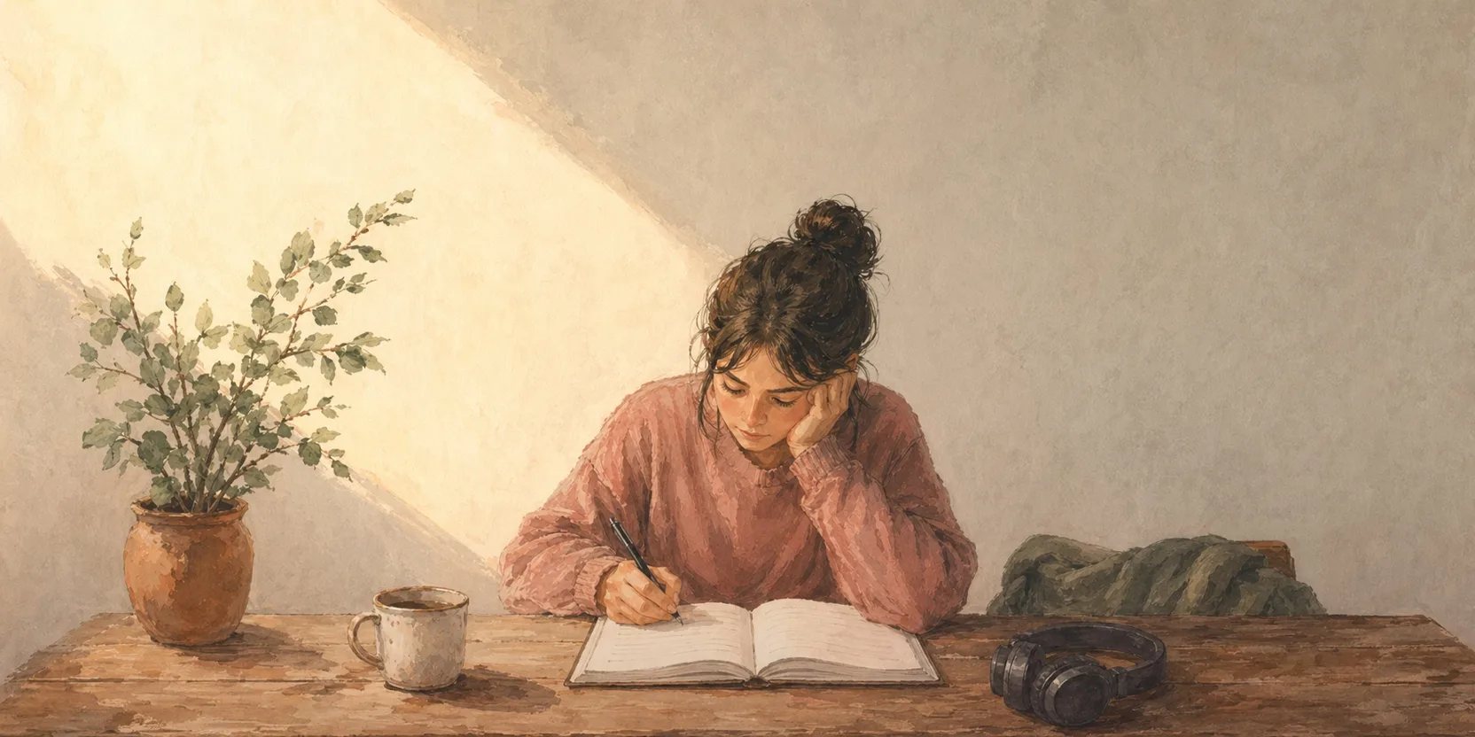 Open notebook with Georgian phrases, headphones beside, soft daylight