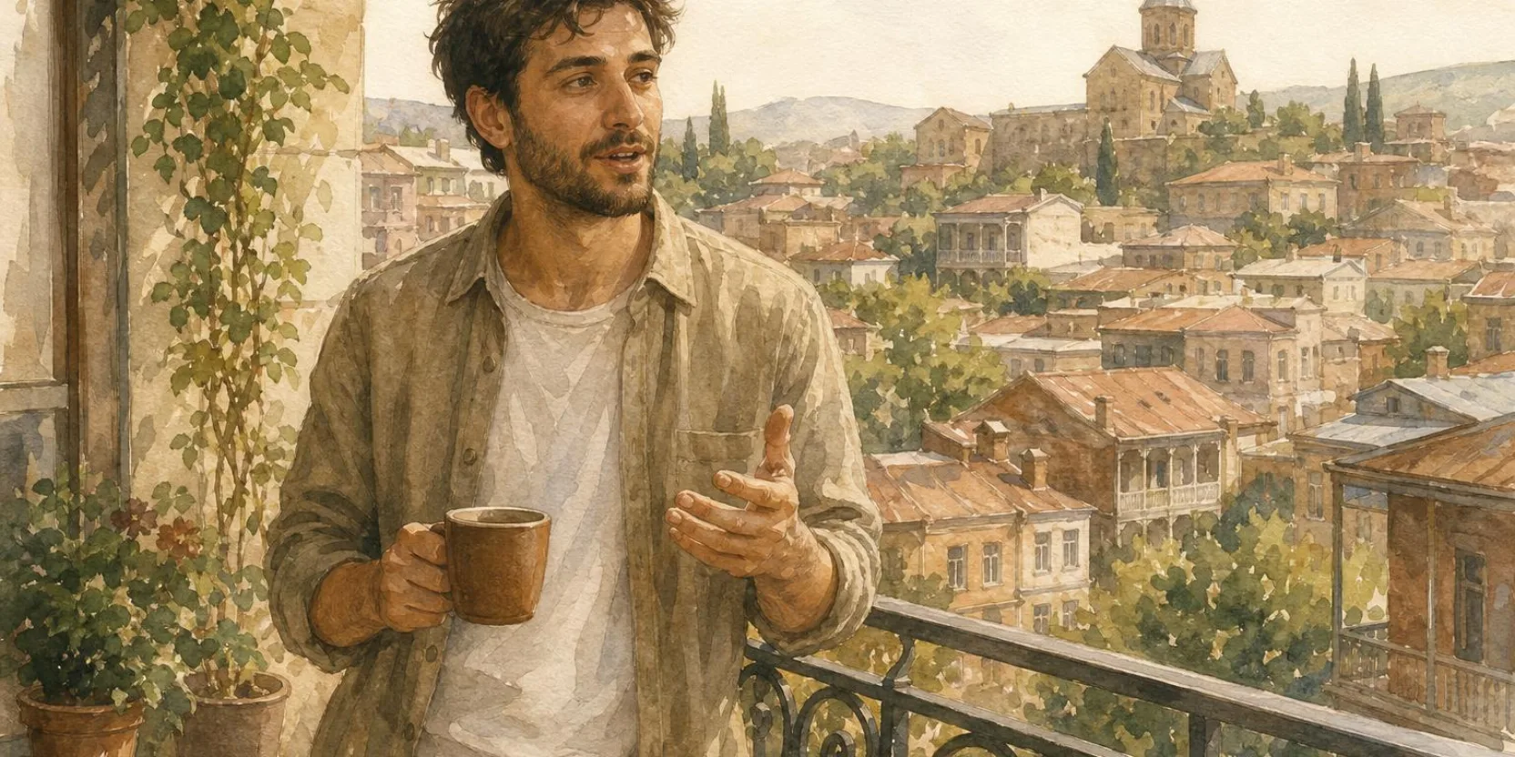A person speaking on a sunny Tbilisi balcony with a coffee, practicing speaking Georgian out loud, soft watercolor.