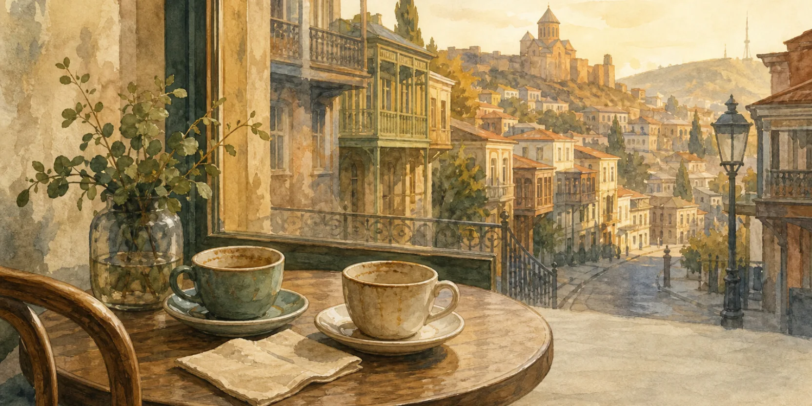 A quiet Tbilisi cafe table at golden hour, representing saying goodbye in Georgian