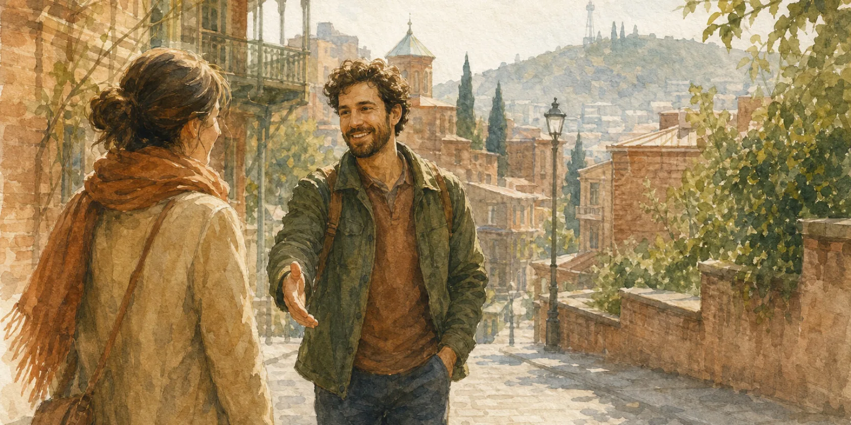 Two figures meeting on a Tbilisi street in soft afternoon light, watercolor.