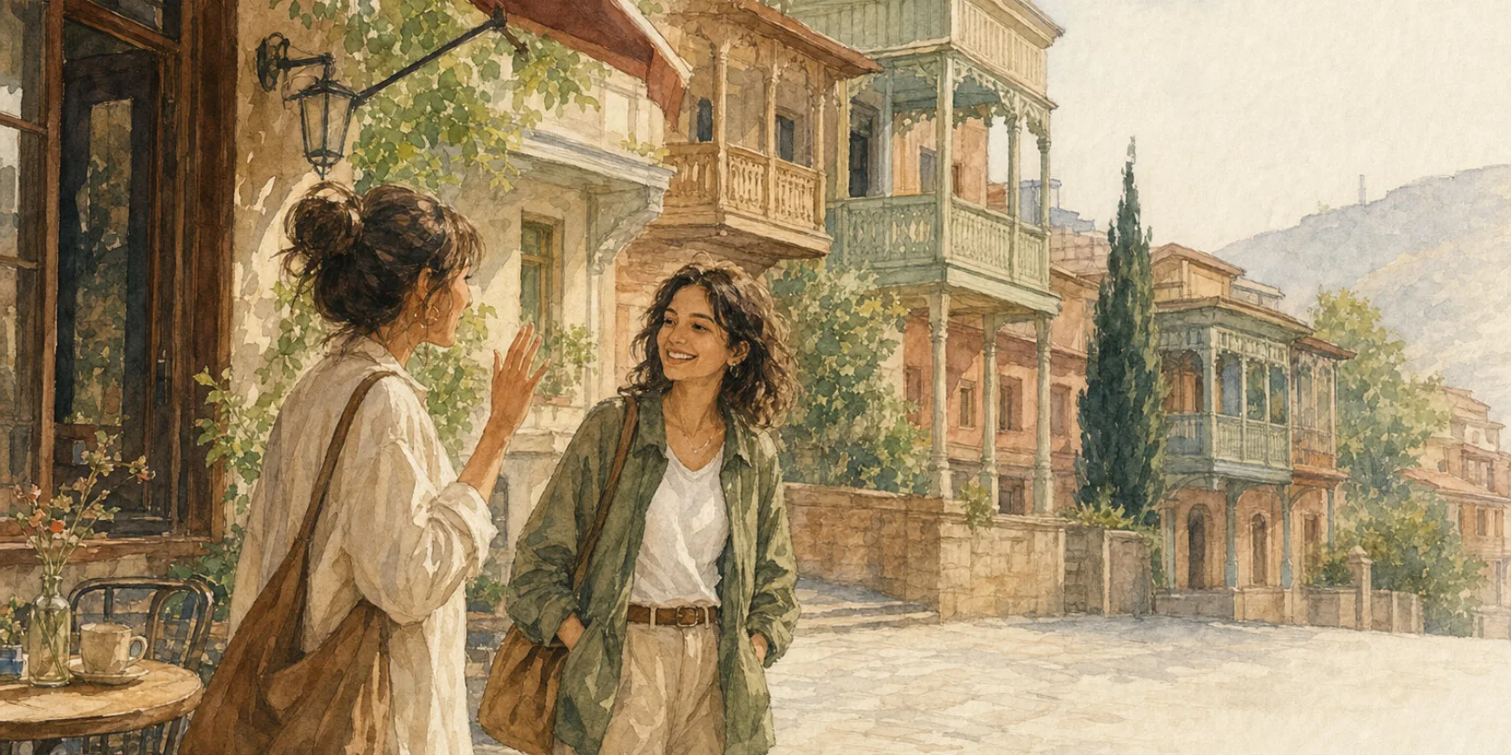 Two friends stopping to ask how are you in Georgian on a Tbilisi street, watercolor illustration