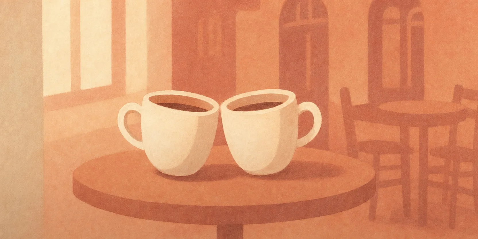 Two coffee cups touching at the rims on a cafe table, soft window light