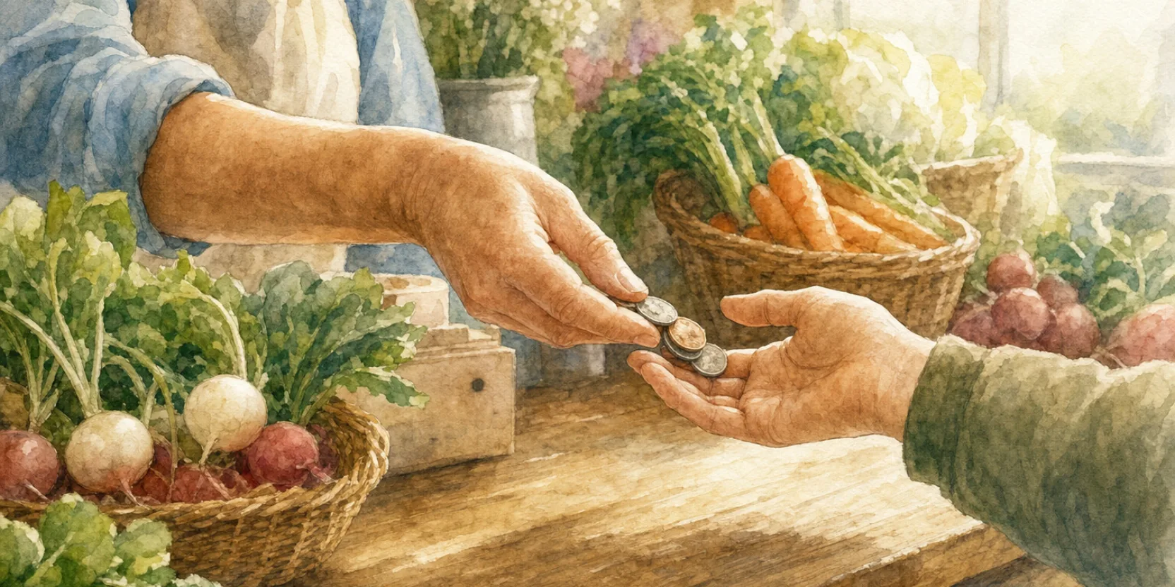 A hand passing change across a market counter, warm afternoon light, soft watercolor.