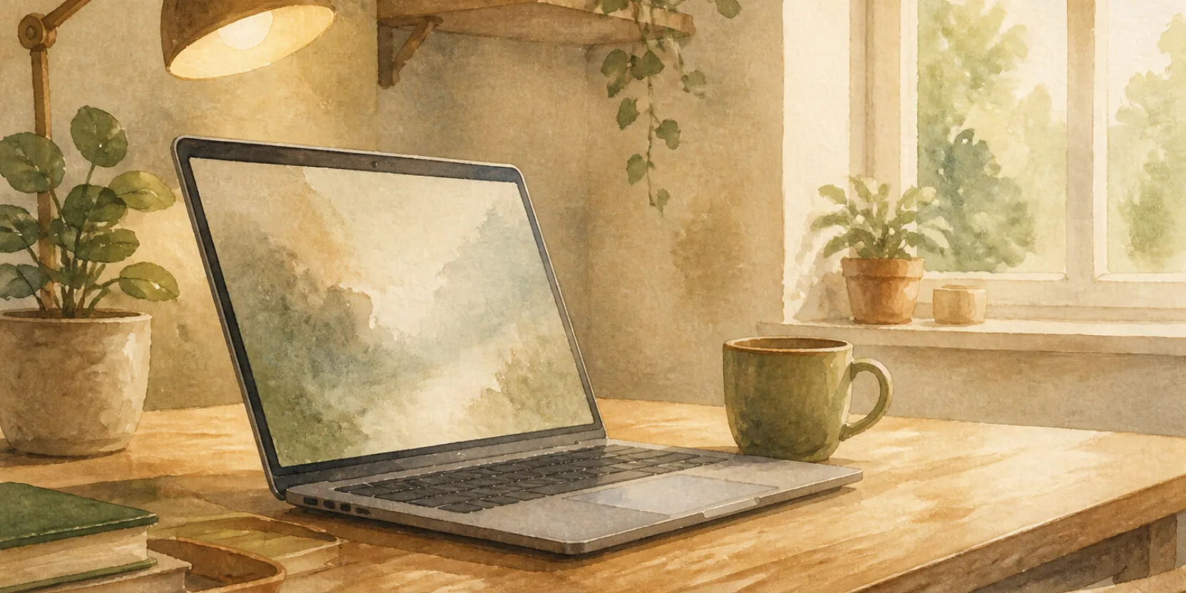 A laptop keyboard on a wooden desk in warm light, the everyday setup for learning how to type in Georgian.