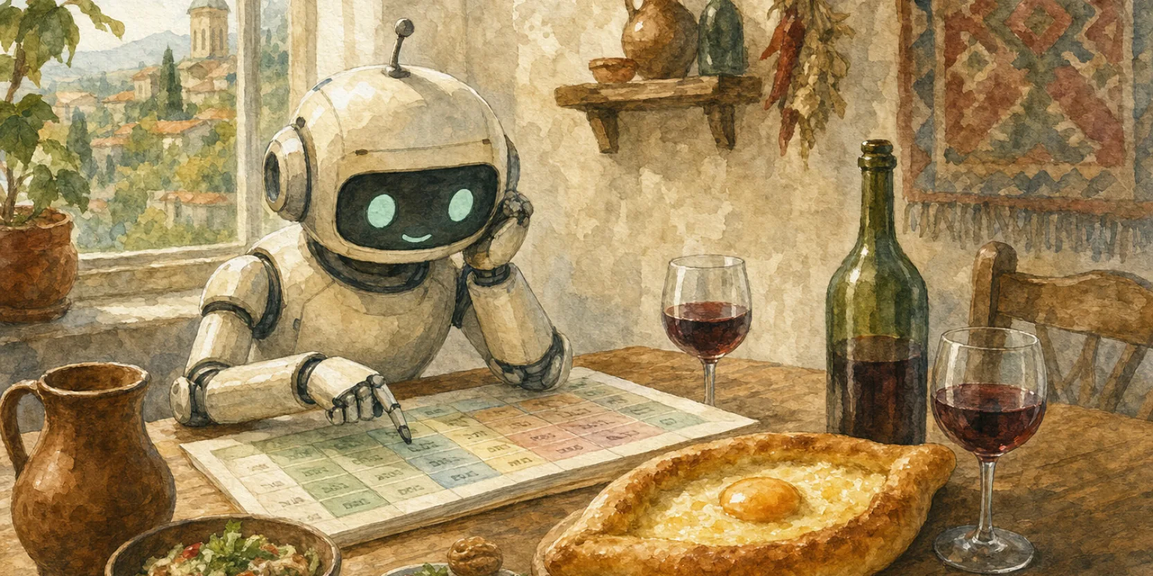 Watercolor of a Georgian supra table where a small robot studies a Georgian verb table among wine glasses and khachapuri