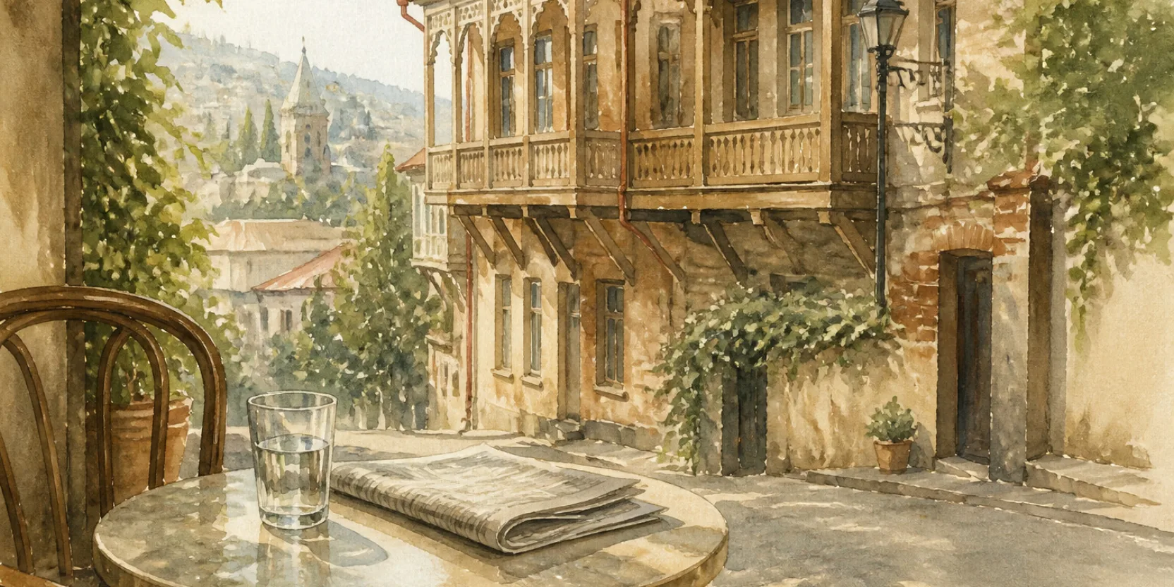 A quiet Tbilisi cafe table in afternoon light, the everyday setting where deciding whether Georgian is worth learning stops being abstract.