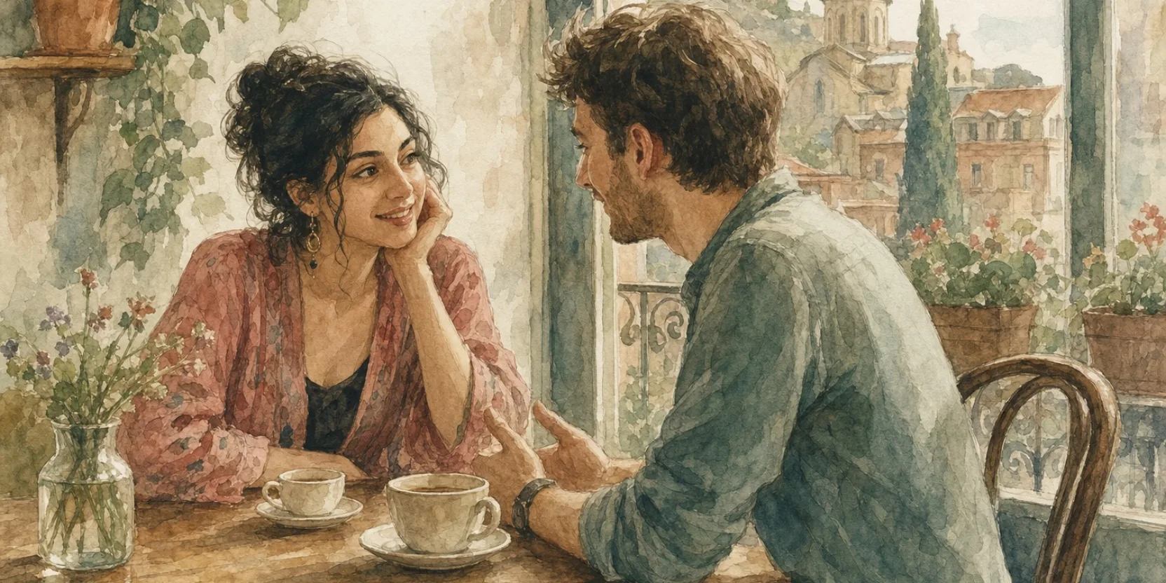 Two people talking over coffee at a Tbilisi cafe table, watercolor illustration for the EasyGeorgian Language Exchange launch