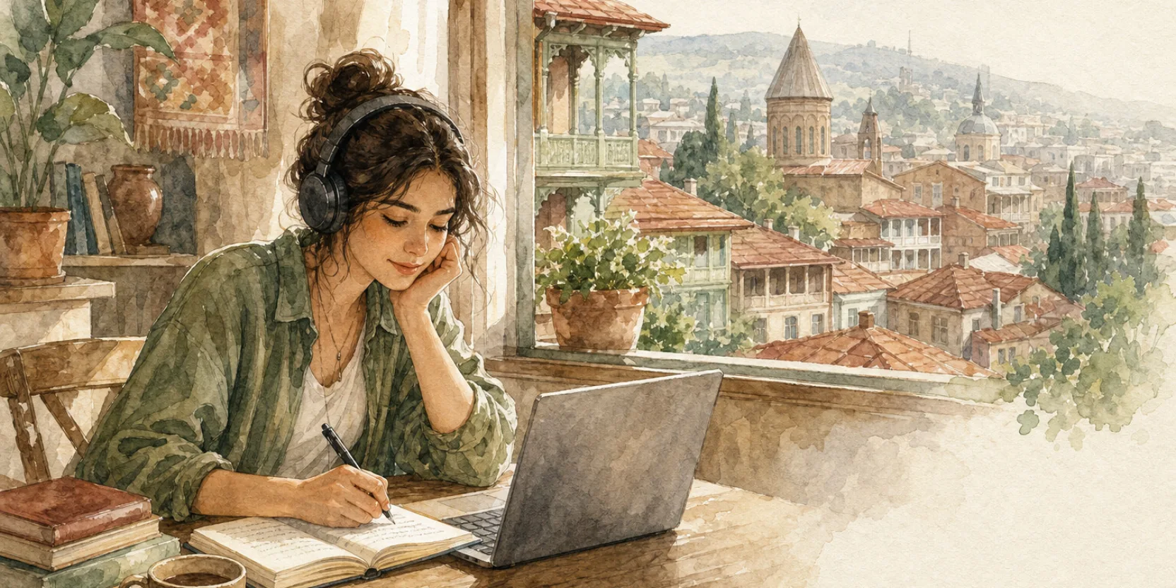 A learner with headphones at a sunlit desk overlooking Tbilisi rooftops, starting to learn Georgian for free.