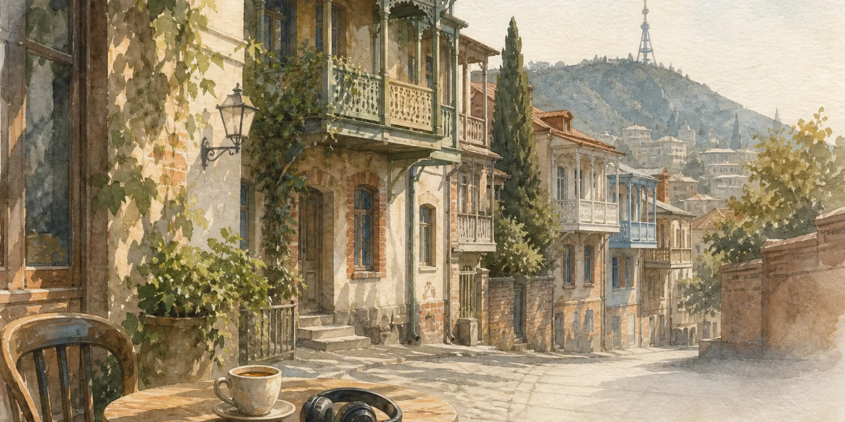 A Tbilisi street of old balconied houses with a cafe table on the pavement, a coffee and a pair of headphones on it, morning light, learning Georgian in Tbilisi.