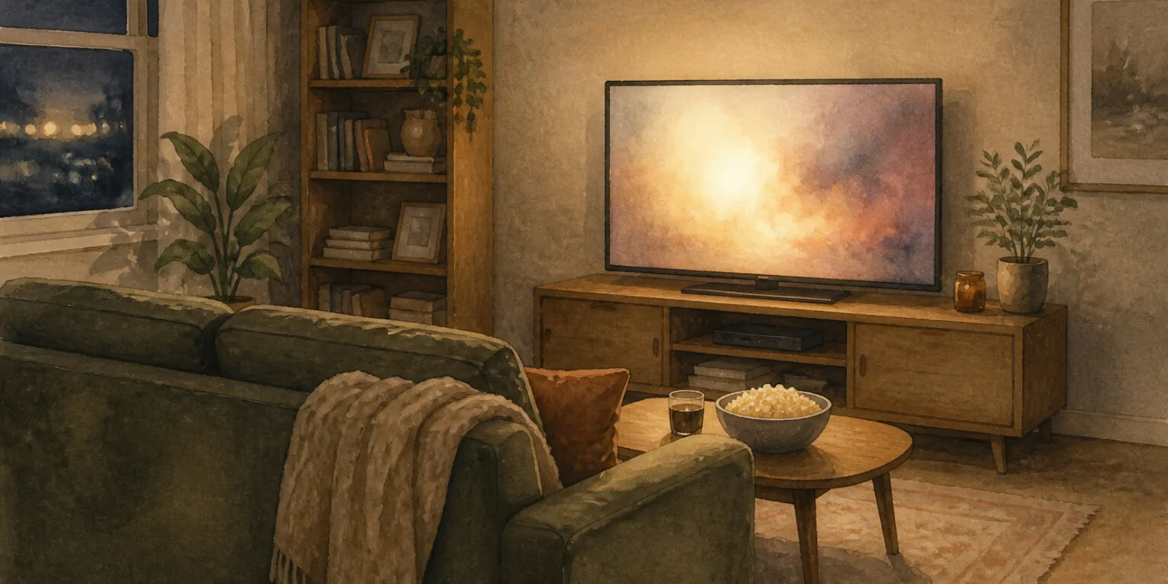 A living room at night lit by the glow of a television, a couch with a blanket and a bowl on the table, a Georgian film about to start.