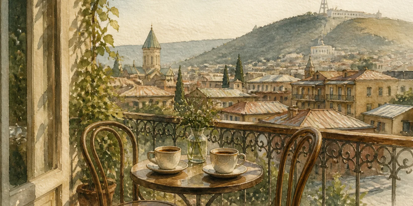 Two coffee cups on a balcony table in the morning with Tbilisi rooftops behind, one chair pulled close to the other, learning Georgian for a Georgian partner.