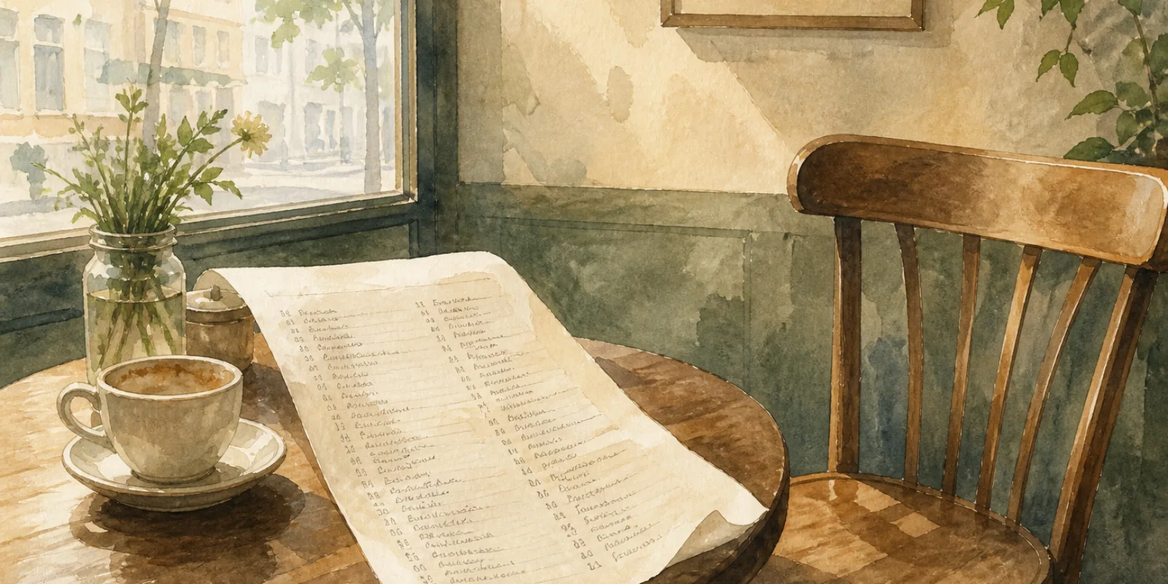 A long handwritten vocabulary list on a curling sheet of paper beside an empty chair at a cafe table, a word list with nobody to talk to.