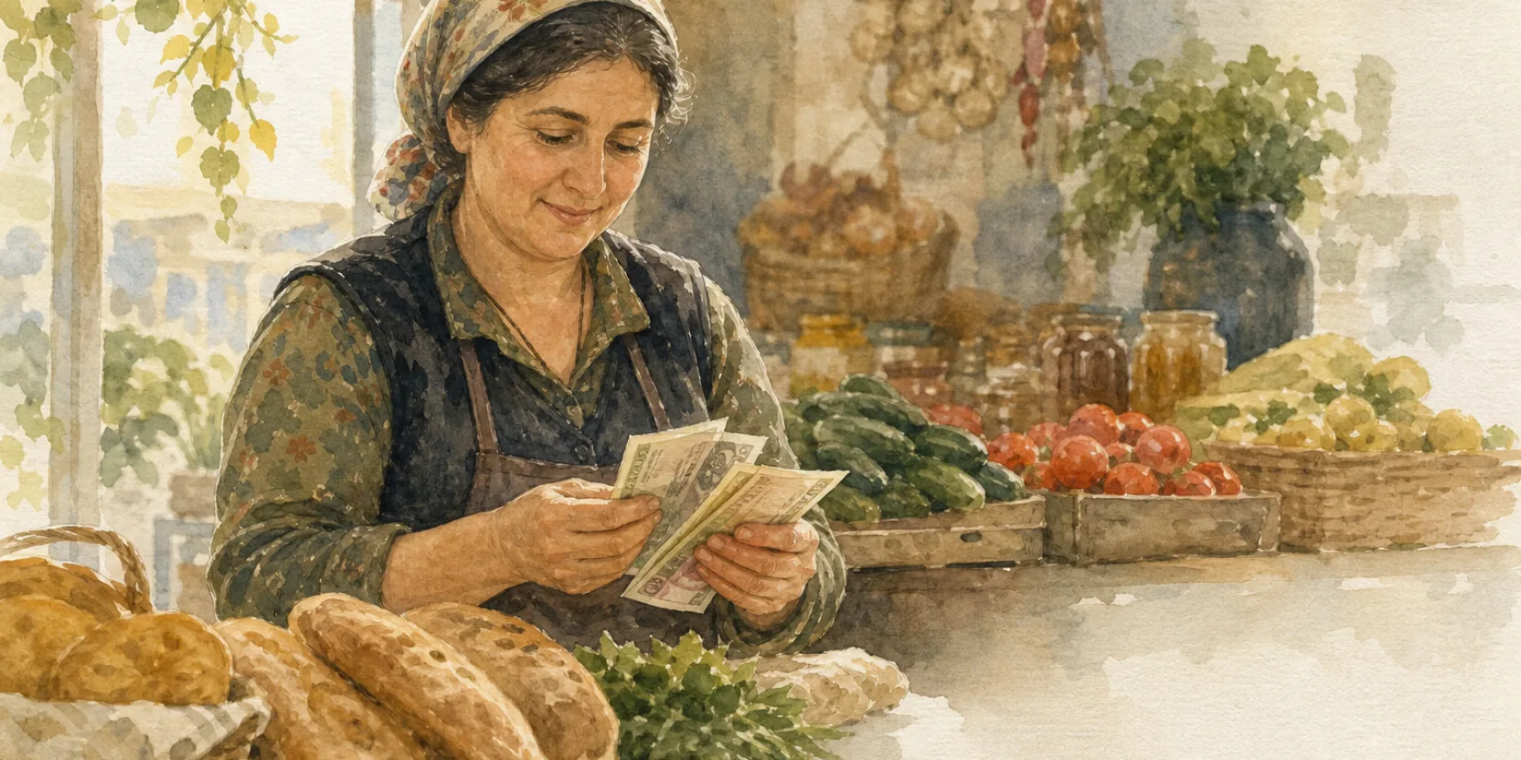 A hand counting Georgian lari banknotes at a market stall, soft daylight, warm tones, watercolor.