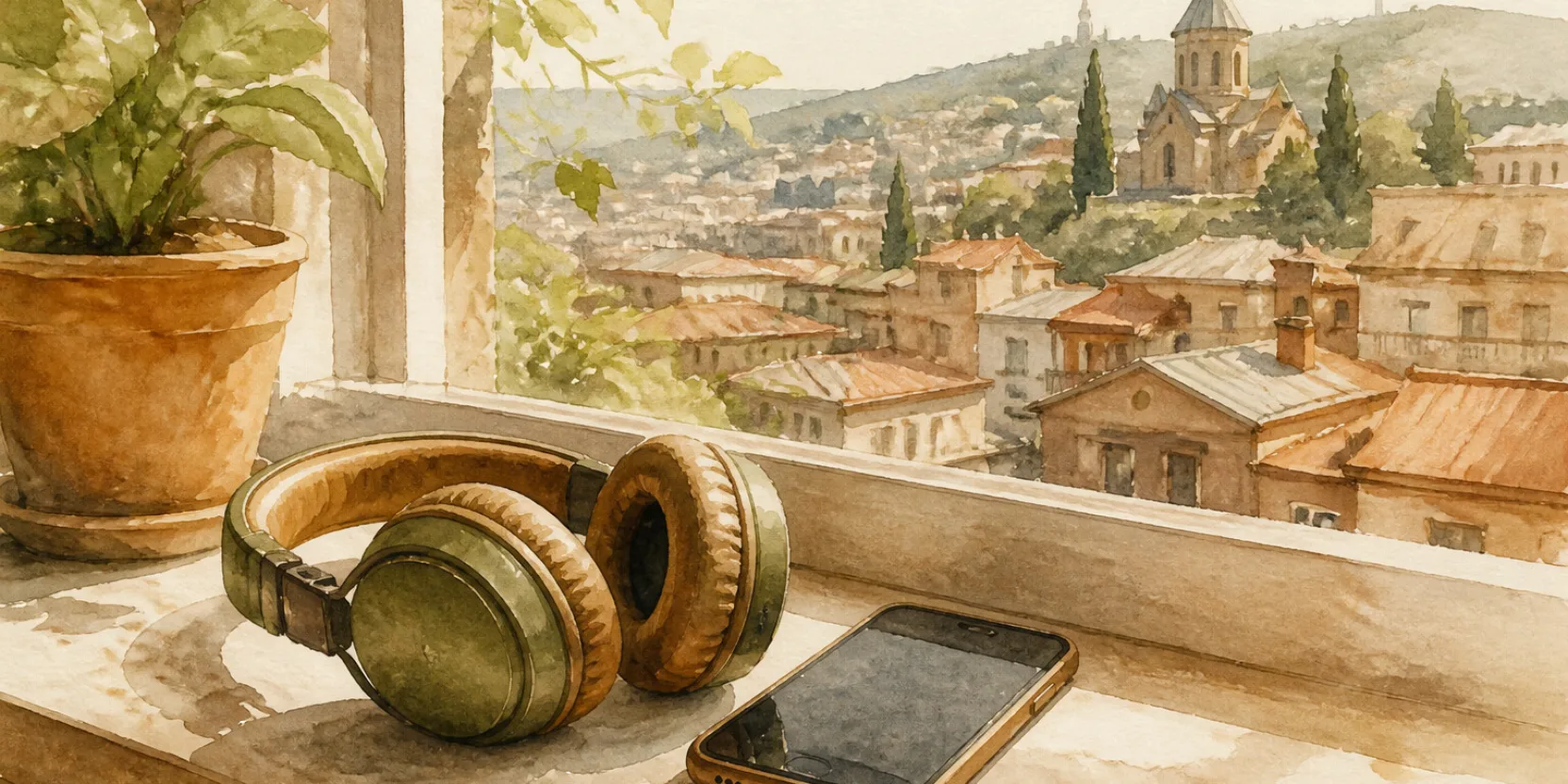 Headphones resting beside a phone on a Tbilisi windowsill, the setup a Georgian audio-course learner actually uses.