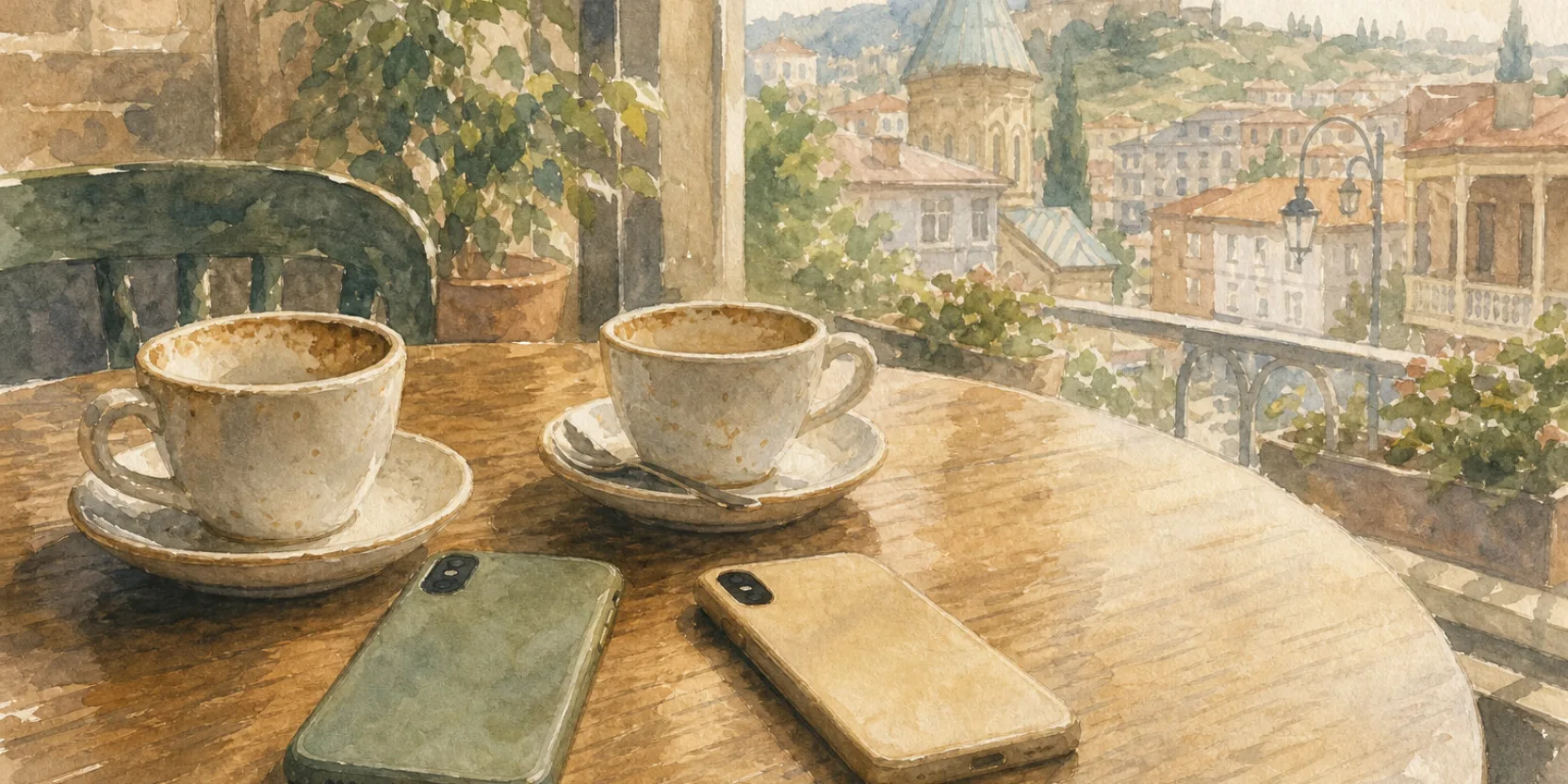 Two coffee cups and two phones on a Tbilisi cafe table, watercolor illustration for the EasyGeorgian refer-a-friend program