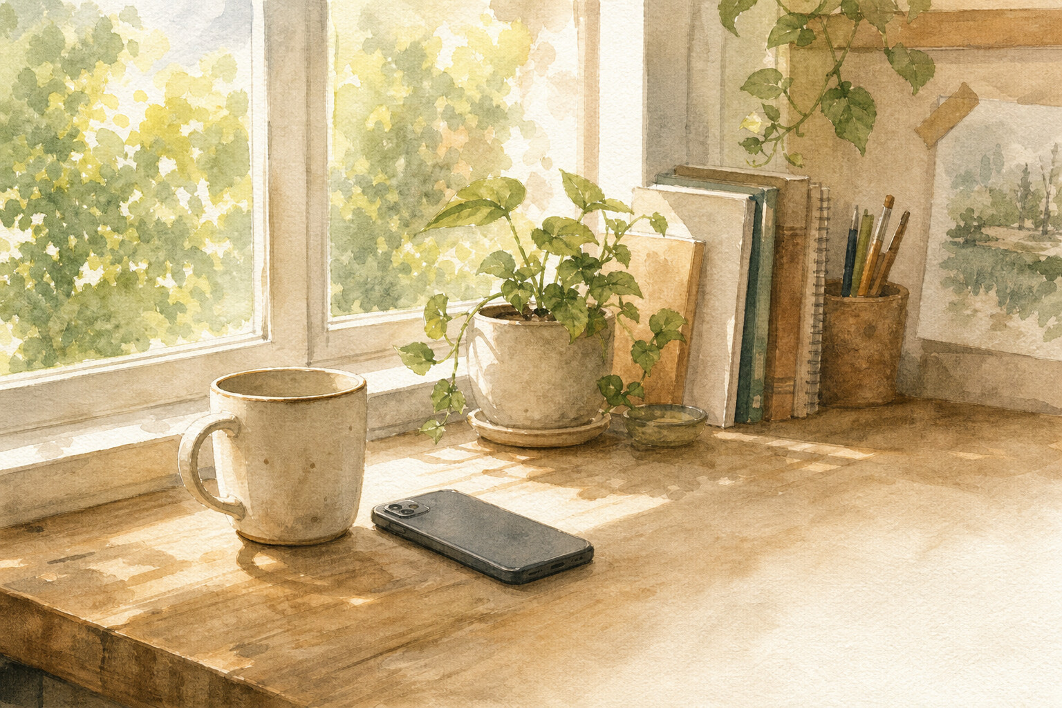 A calm sunlit home study corner with a mug and a phone, watercolor in soft morning light.