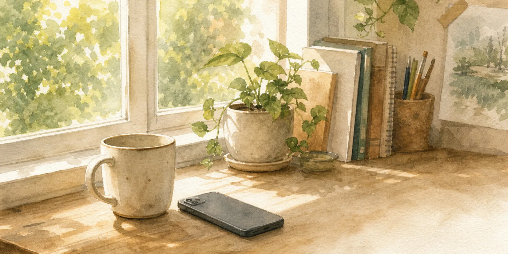 A calm sunlit home study corner with a mug and a phone, watercolor in soft morning light.