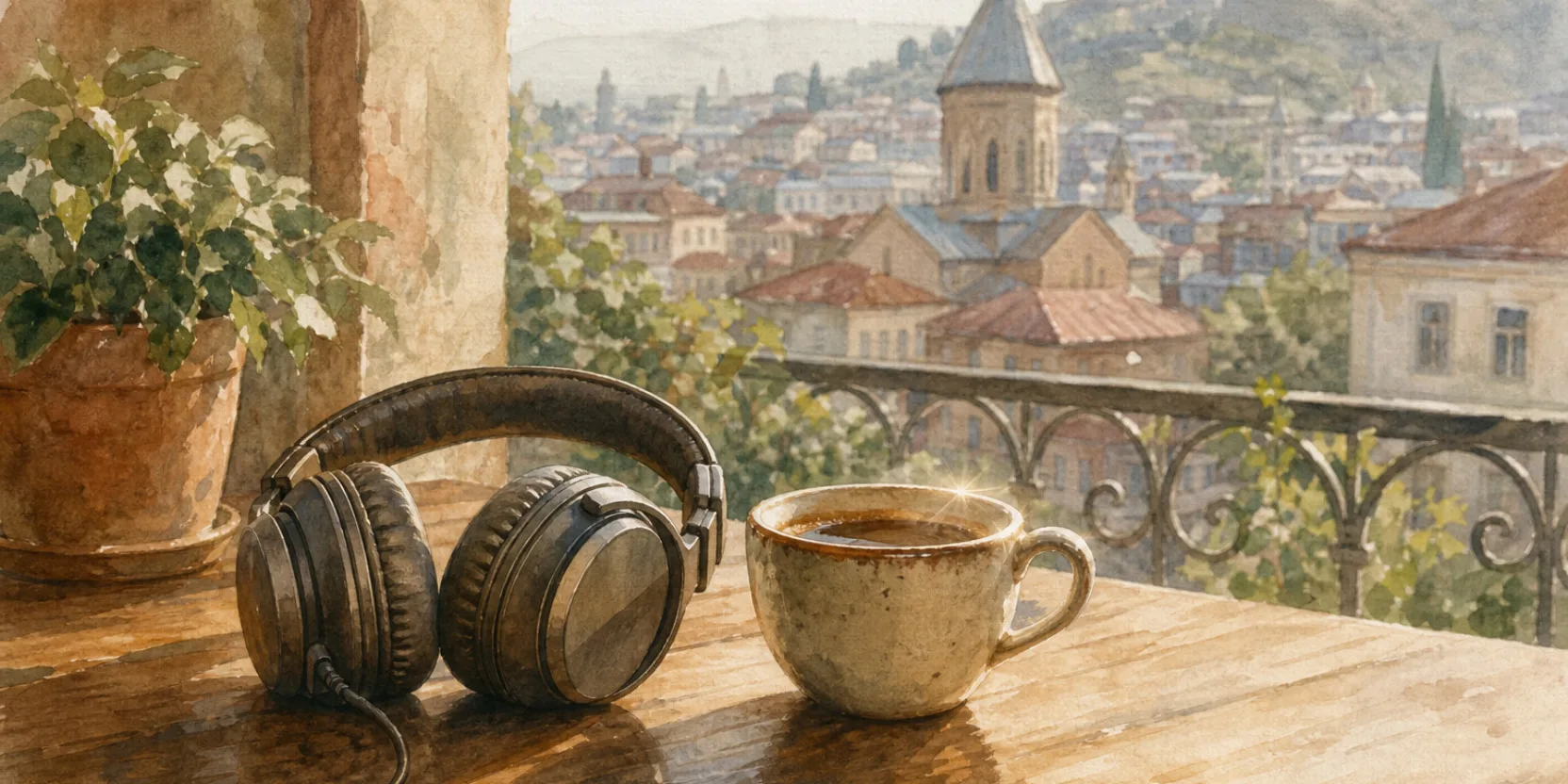 Over-ear headphones resting on a wooden cafe table beside a ceramic coffee cup, a Tbilisi balcony scene blurred behind, warm morning light, watercolor.