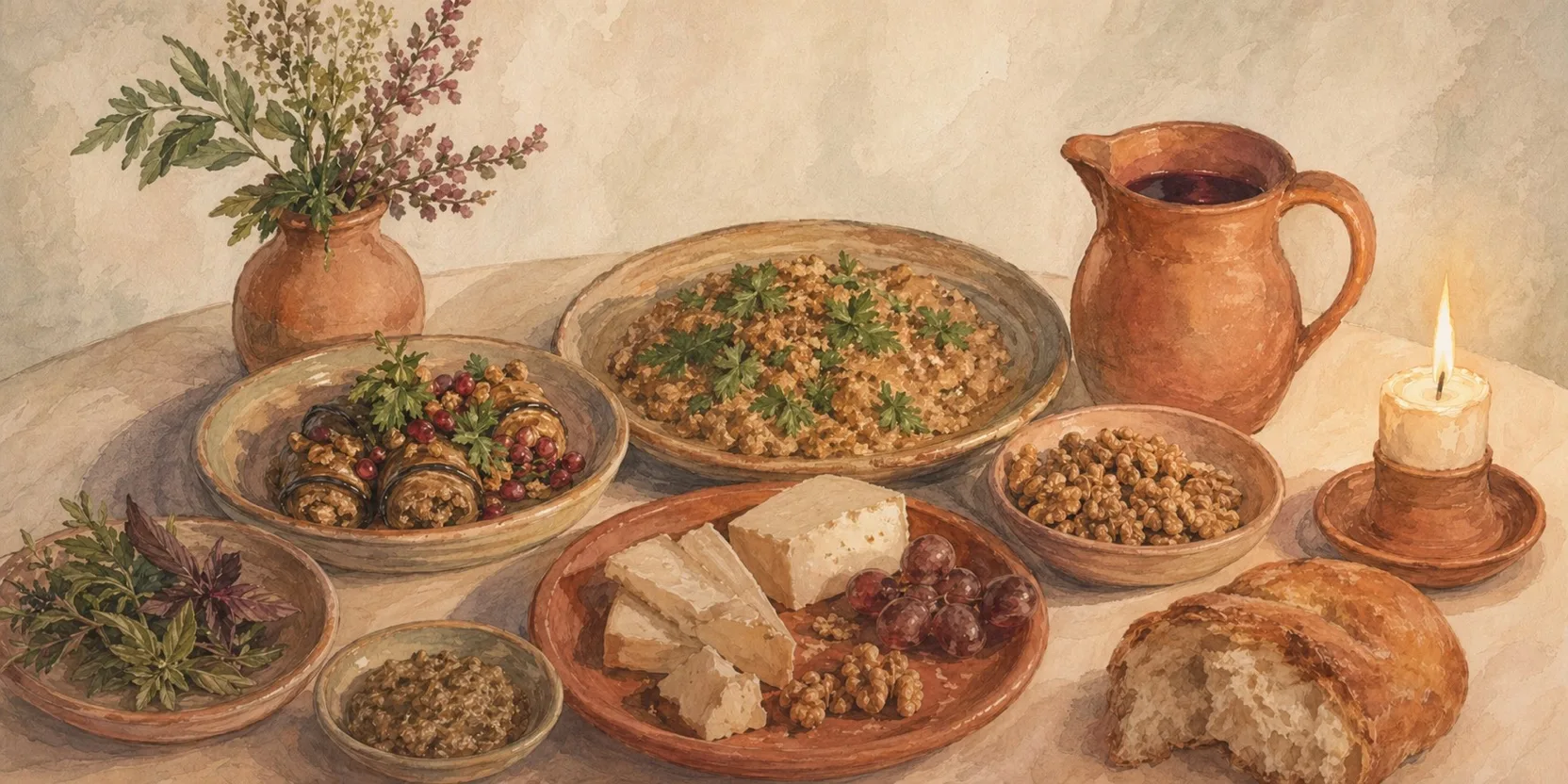 Long Georgian table laden with food in candlelight, warm ambient