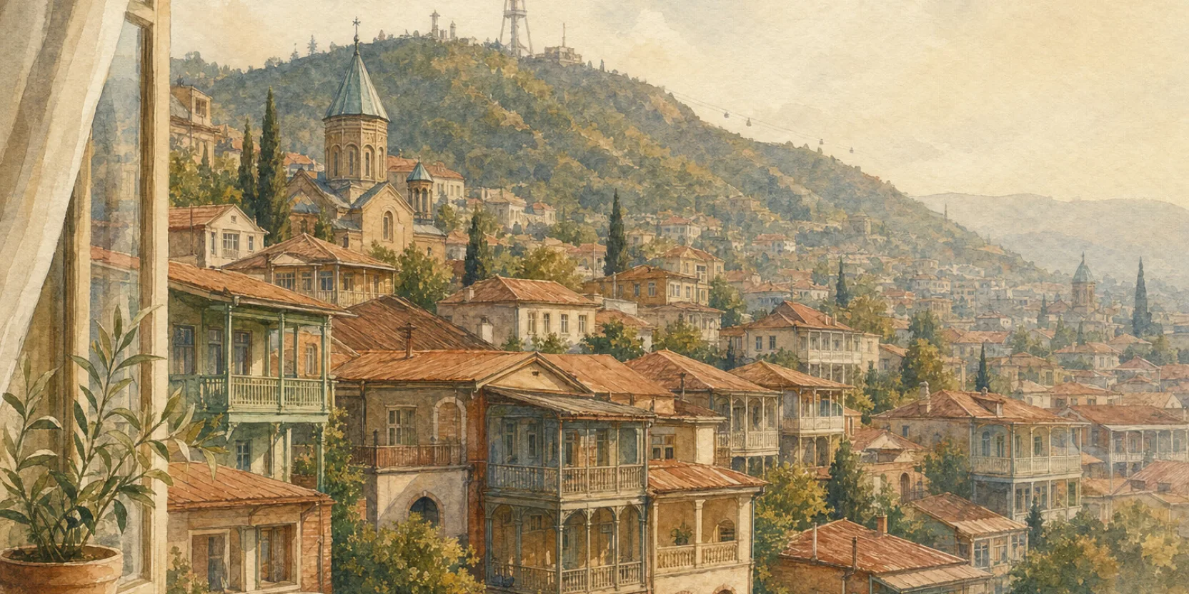 Tbilisi rooftops and hillside neighborhoods in warm afternoon light, watercolor.