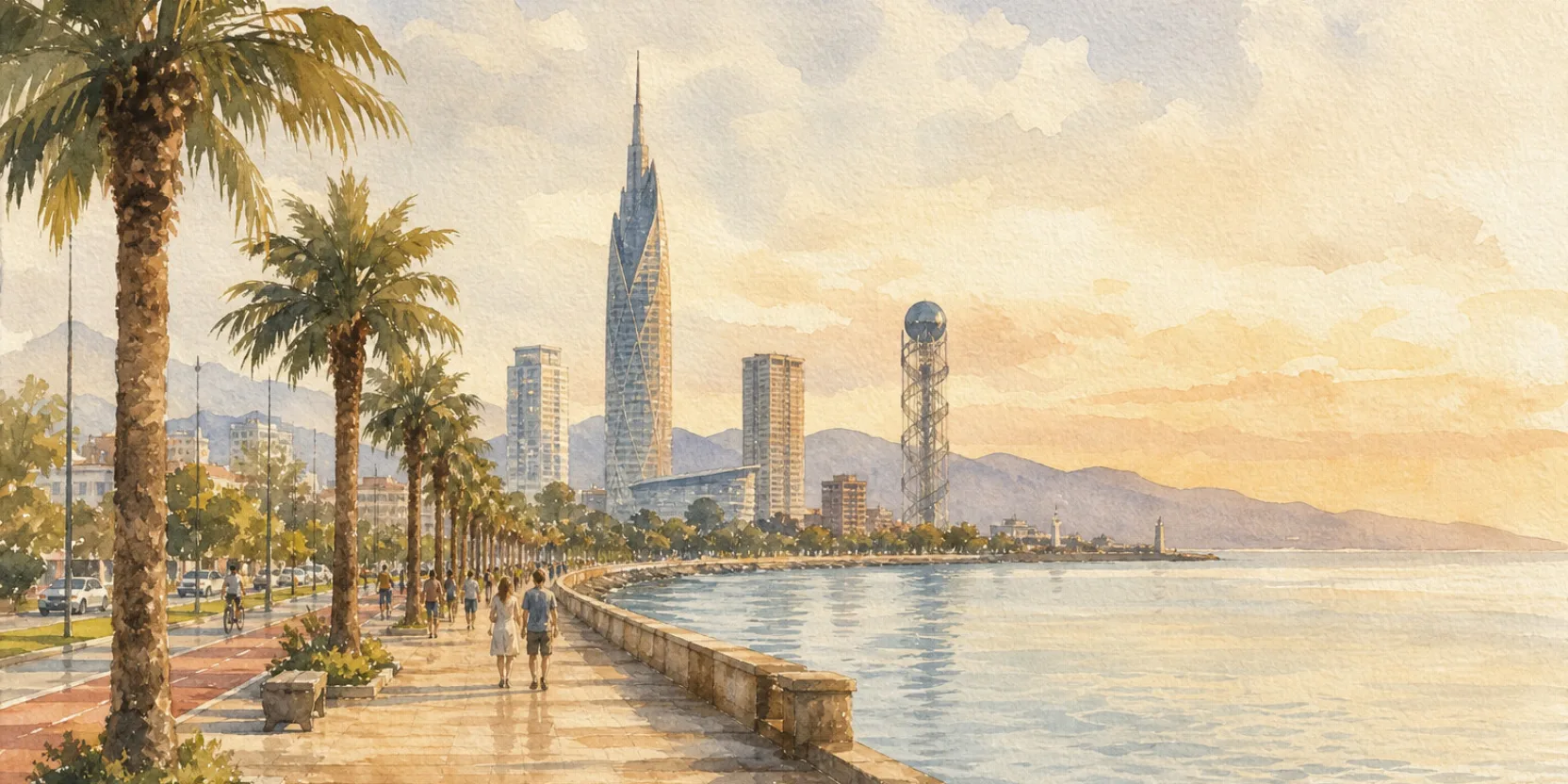 The Batumi seafront on the Black Sea with palm trees, watercolor in warm light.