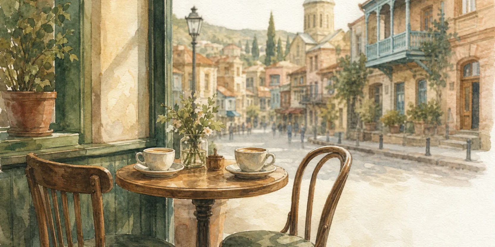 Two coffee cups on a Tbilisi cafe table mid-conversation, watercolor in warm afternoon light.