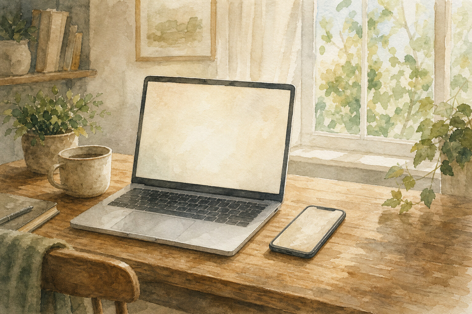 A laptop and a phone on a wooden table, weighing a Georgian tutor against an app, watercolor in warm light.