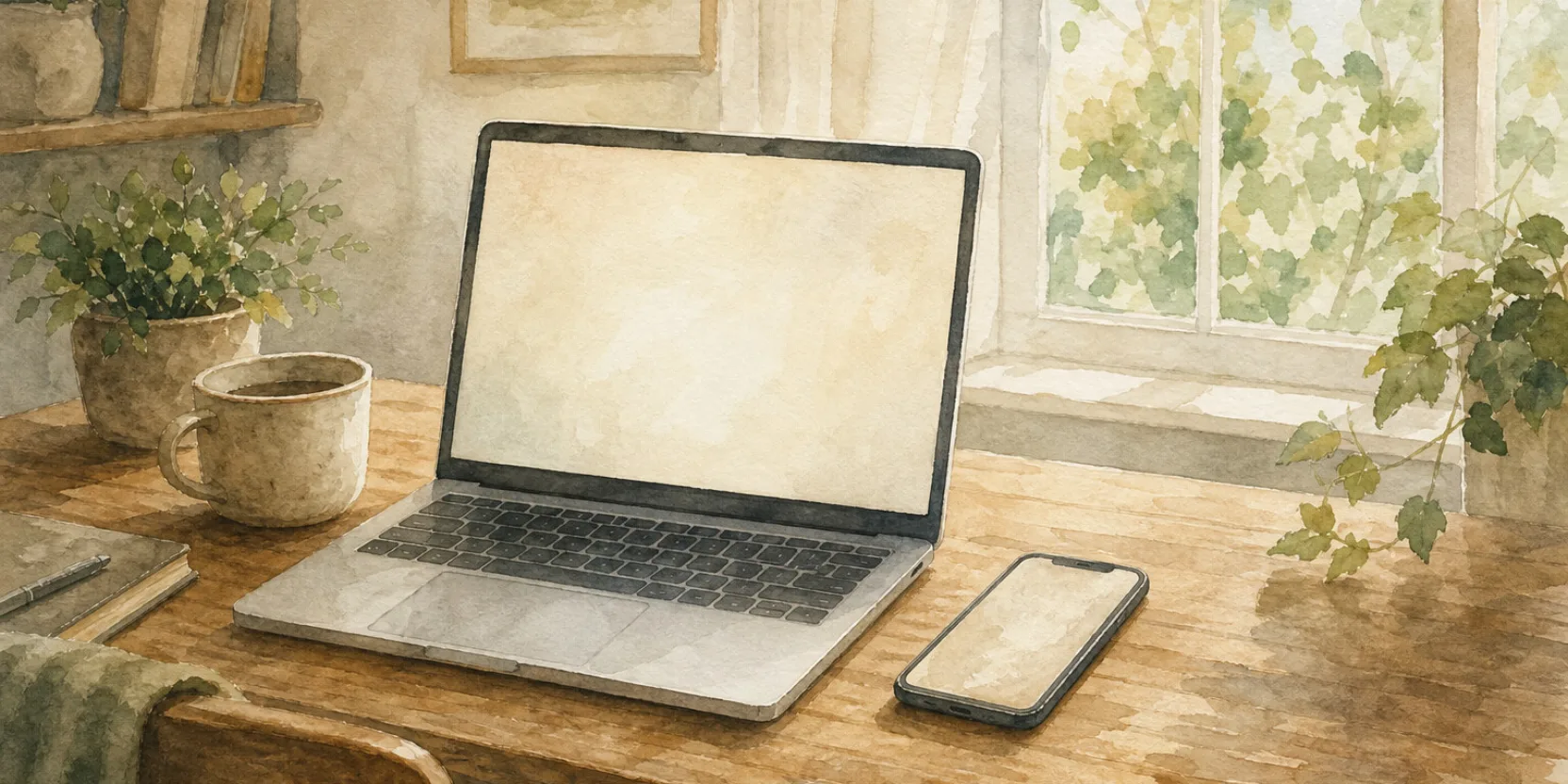 A laptop and a phone on a wooden table, weighing a Georgian tutor against an app, watercolor in warm light.