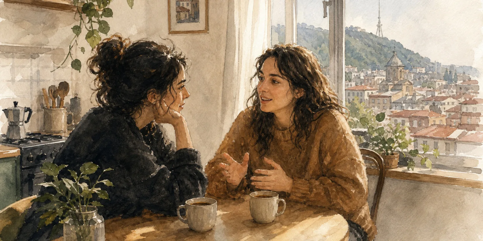 A watercolor of two people talking over coffee at a Tbilisi kitchen table, speech shown as loose Georgian letters in the air between them.