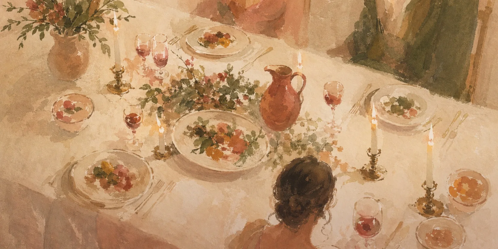 Long candlelit Georgian dinner table from above, plates and wine