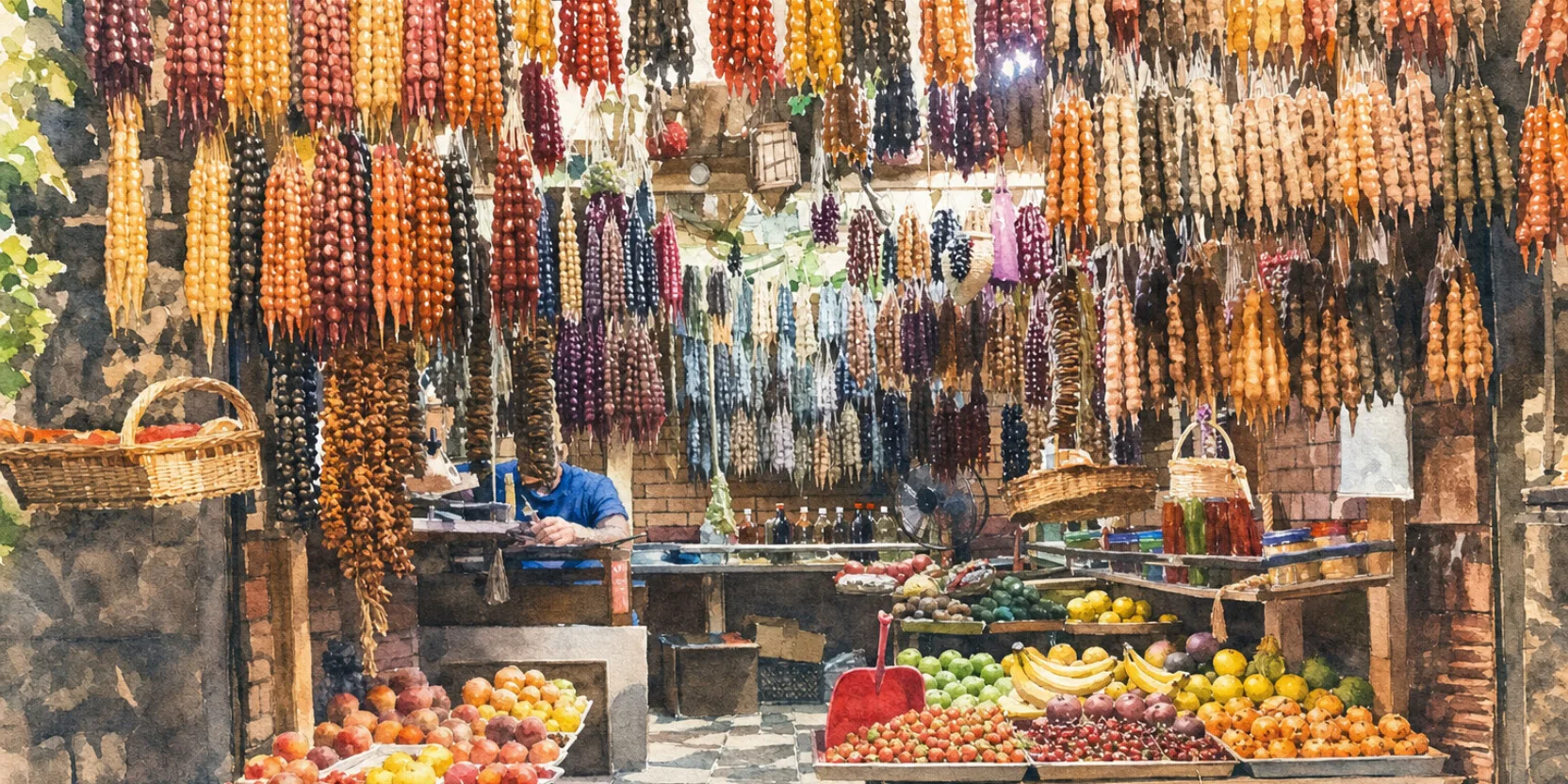 Colorful churchkhela strands hanging in rows at a Tbilisi market stall
