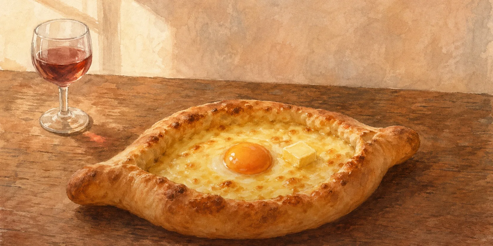 Adjarian khachapuri (boat-shaped) on a wooden board, butter melting in