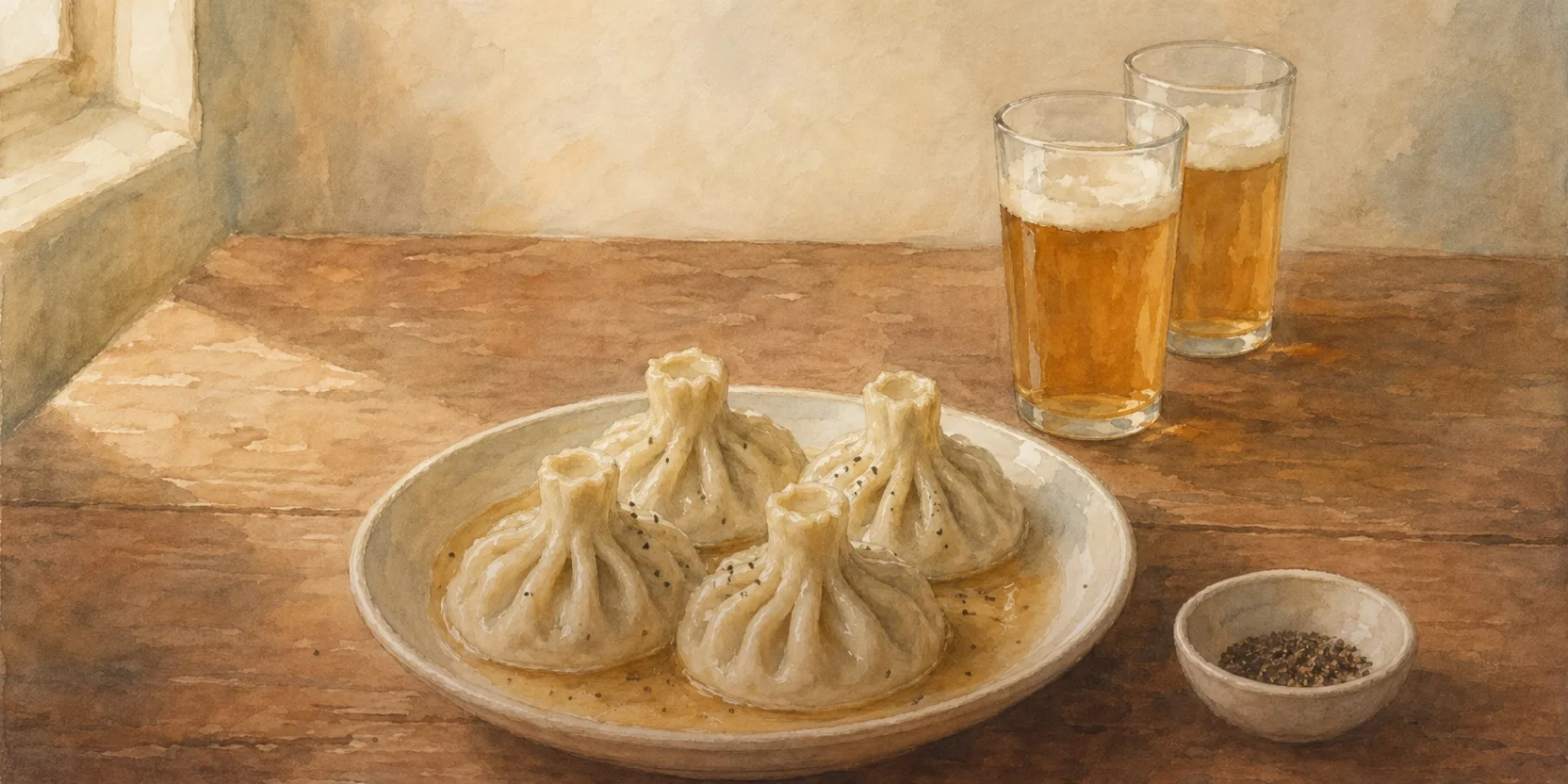 Plate of khinkali fresh from the kitchen, steam rising