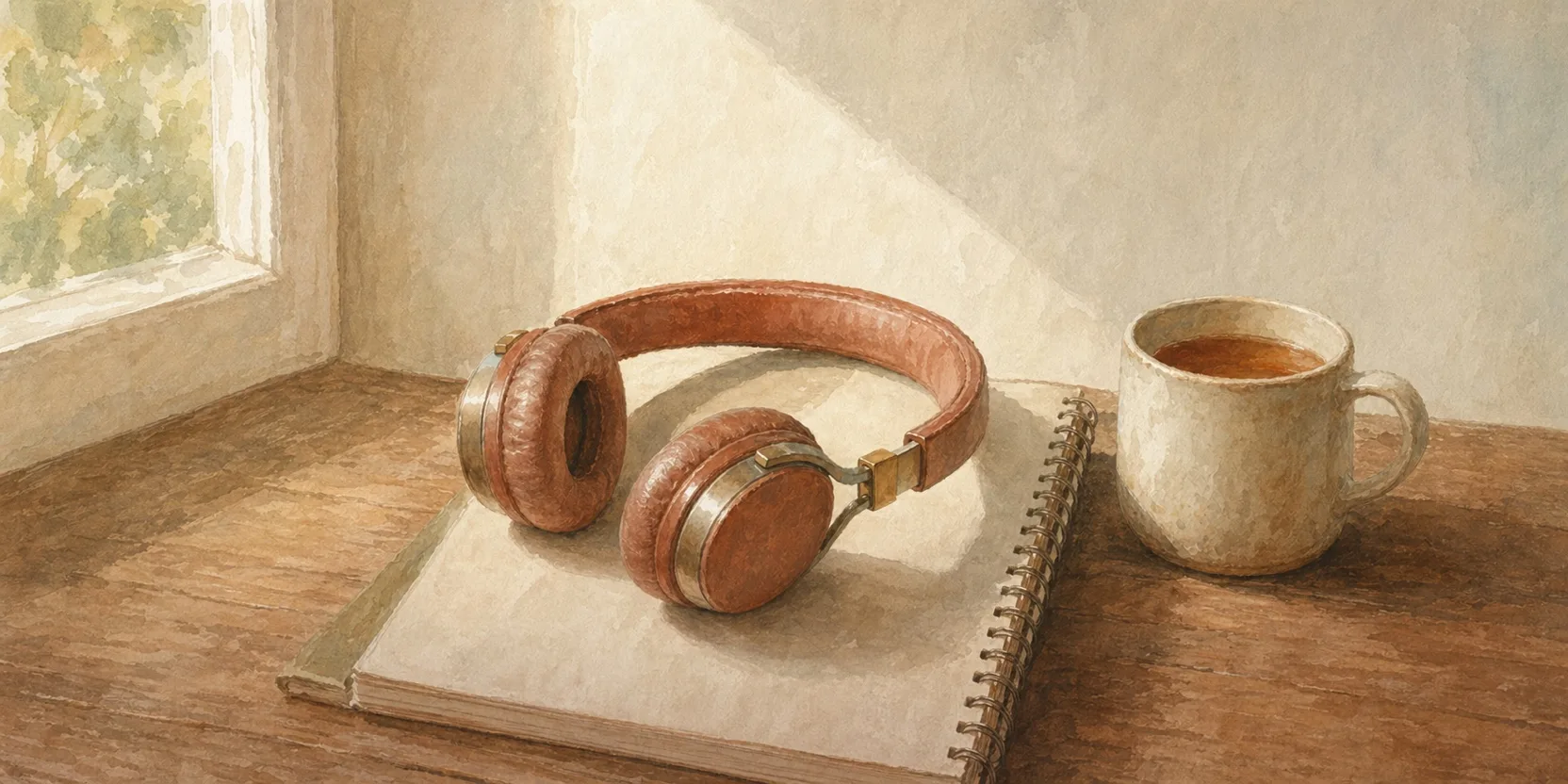 Wired earbuds resting on a notebook with Georgian writing visible