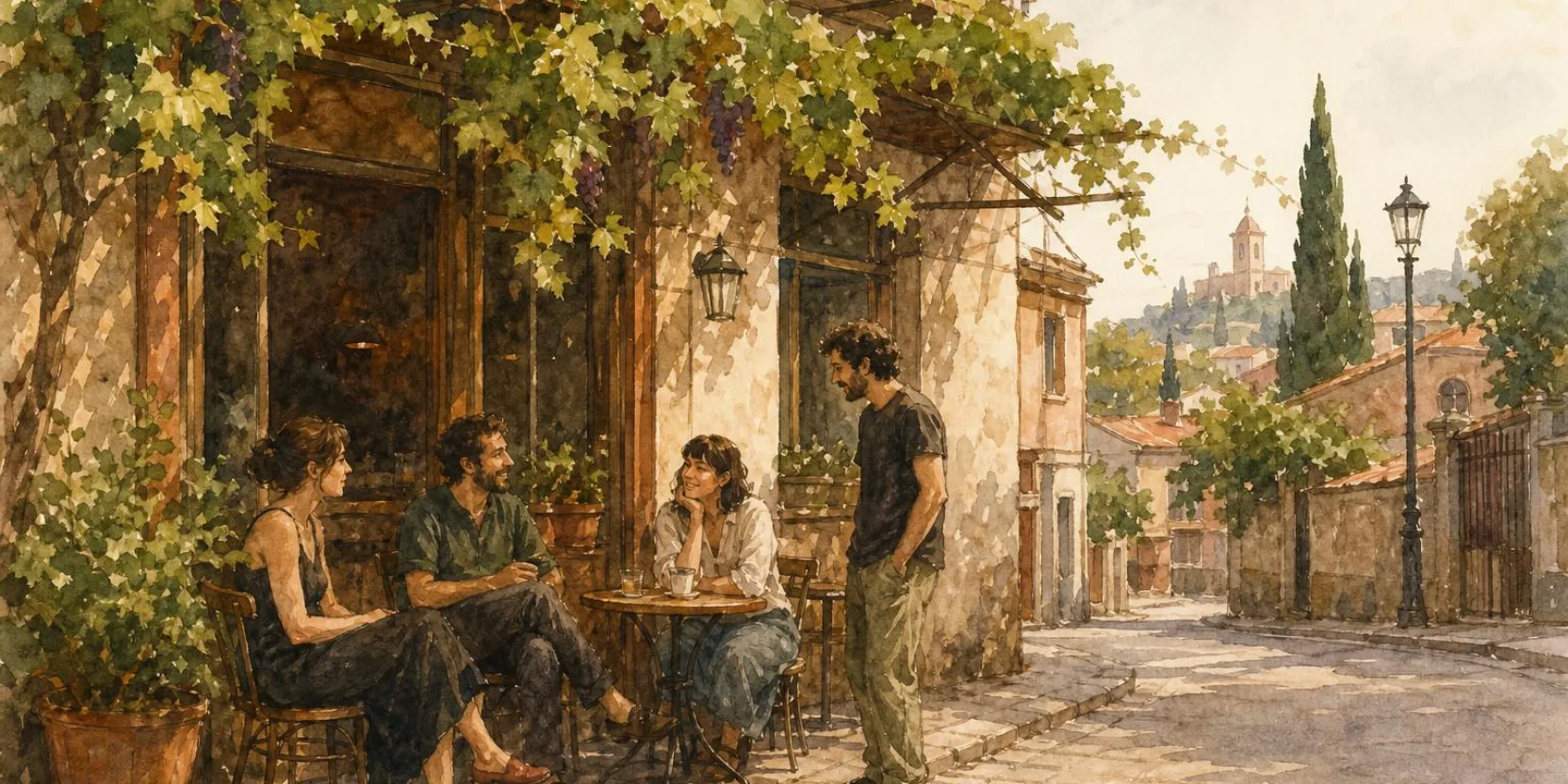A warm Tbilisi street scene with people talking outside a small cafe, capturing reasons to learn Georgian, soft watercolor.
