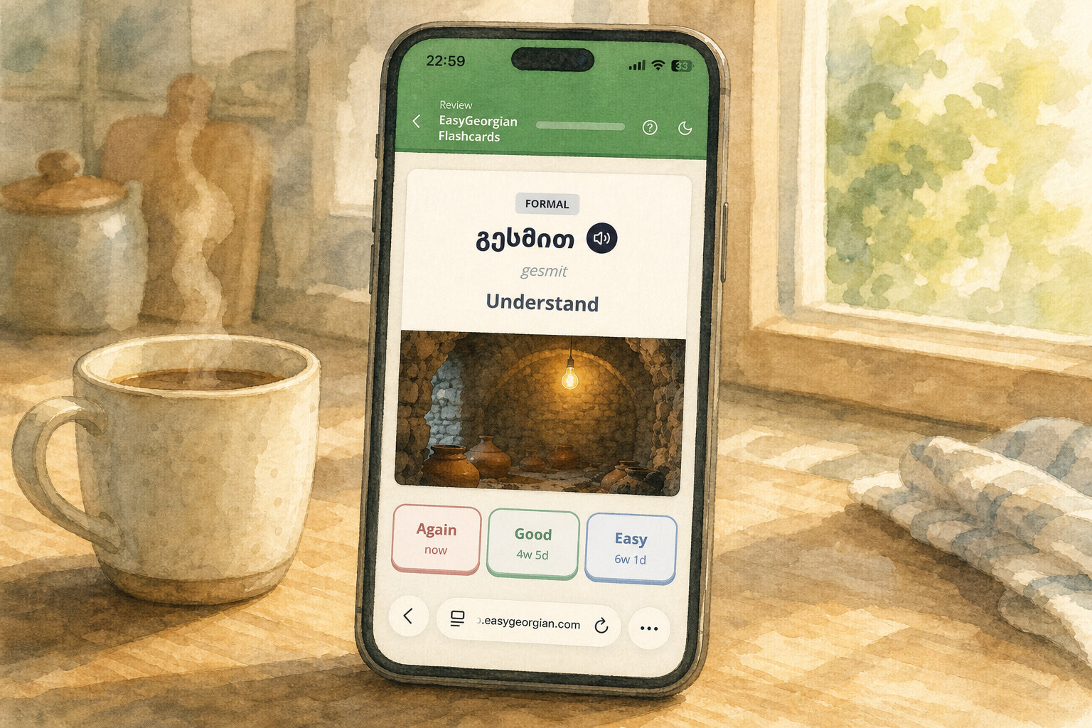 A phone on a kitchen counter showing a flashcard with an image and a play button, watercolor in soft morning light.
