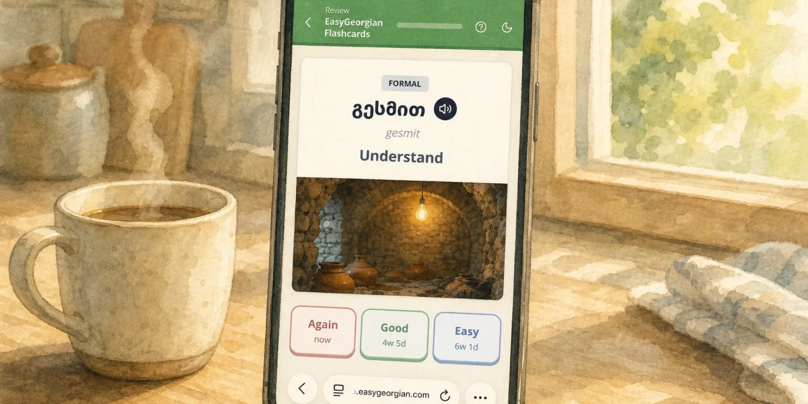 A phone on a kitchen counter showing a flashcard with an image and a play button, watercolor in soft morning light.