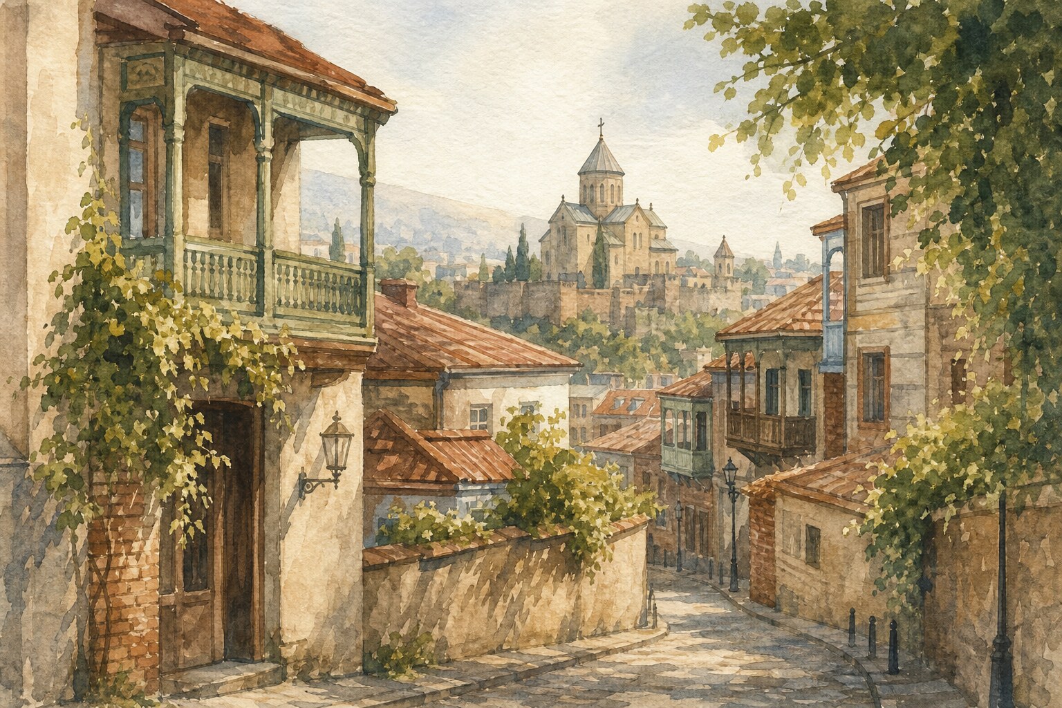 A quiet Sunday morning street in Tbilisi old town, watercolor, for k'vira, the Georgian word for both Sunday and week