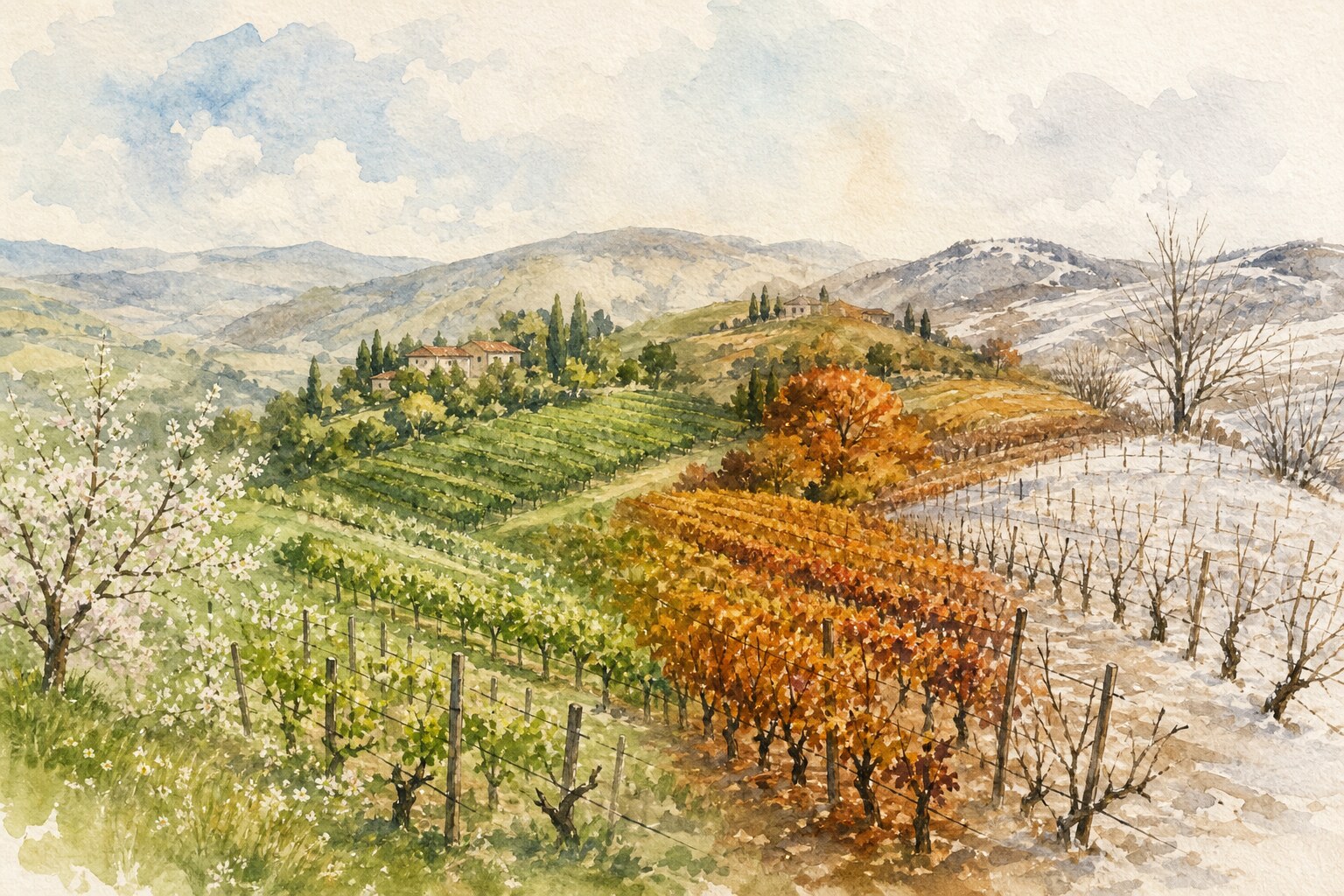 A Georgian vineyard across the four seasons from spring to winter, watercolor illustration for the seasons in Georgian