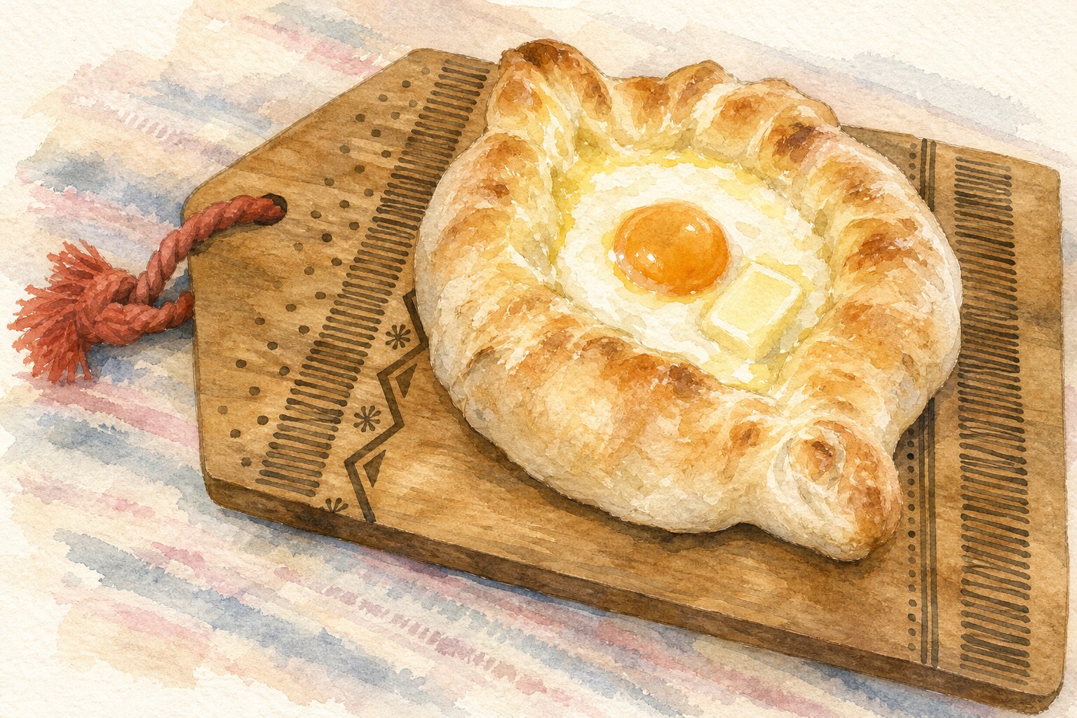 Adjarian khachapuri, the boat-shaped Georgian food icon with egg and butter melting into the cheese
