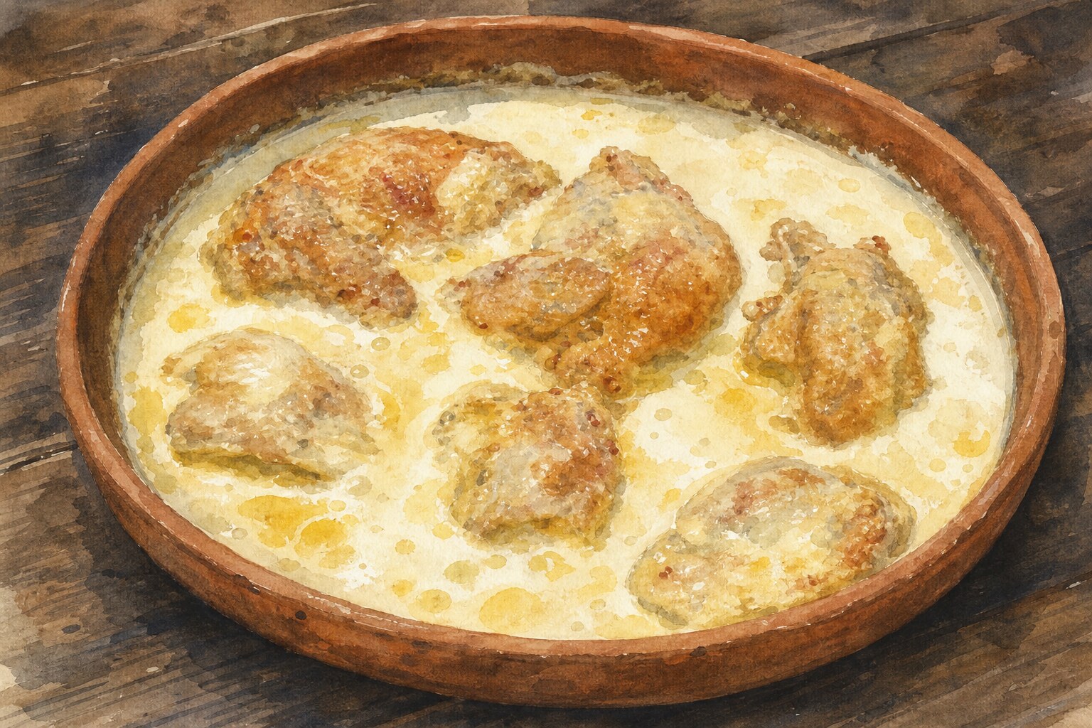 Chkmeruli, Georgian garlic chicken in milk sauce served in a clay pan