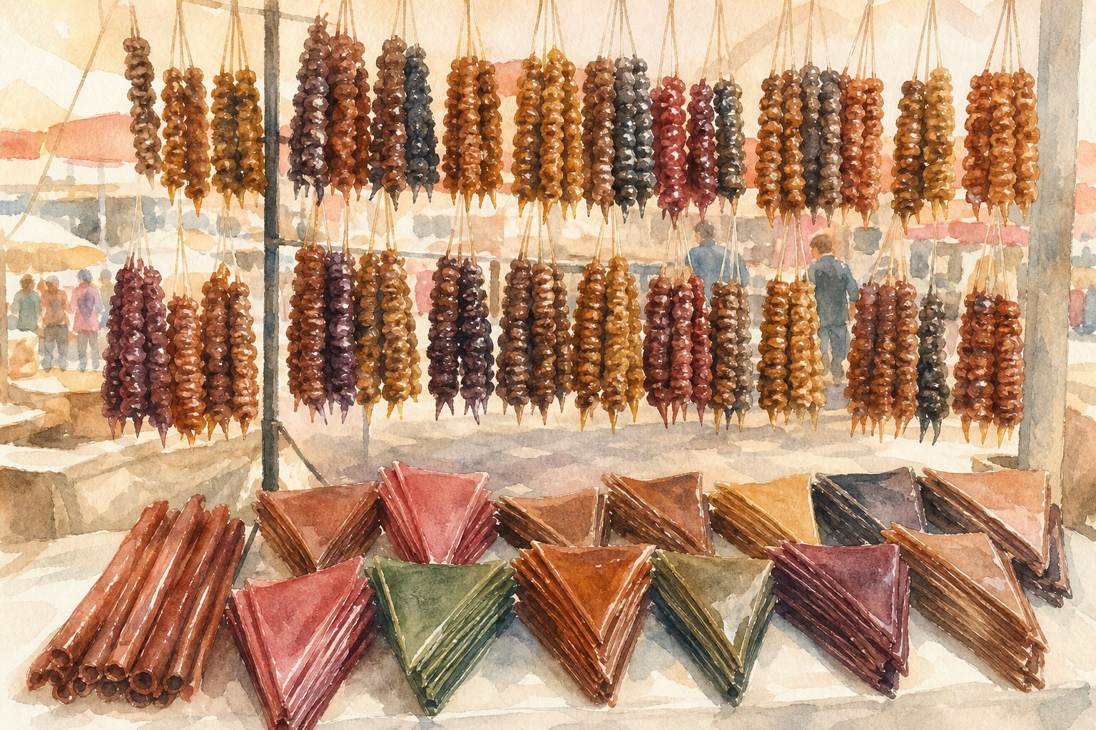 Churchkhela strings in red and amber hanging at a Georgian market stall