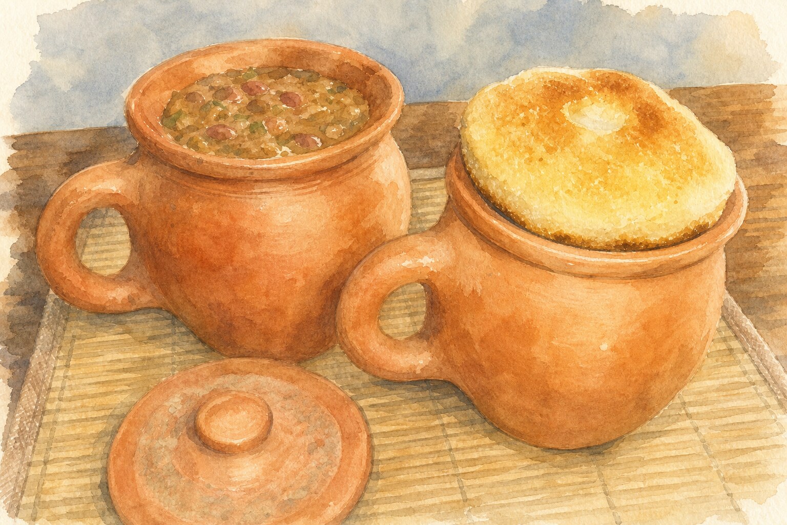 Lobio, Georgian bean stew served in a clay pot with mchadi cornbread