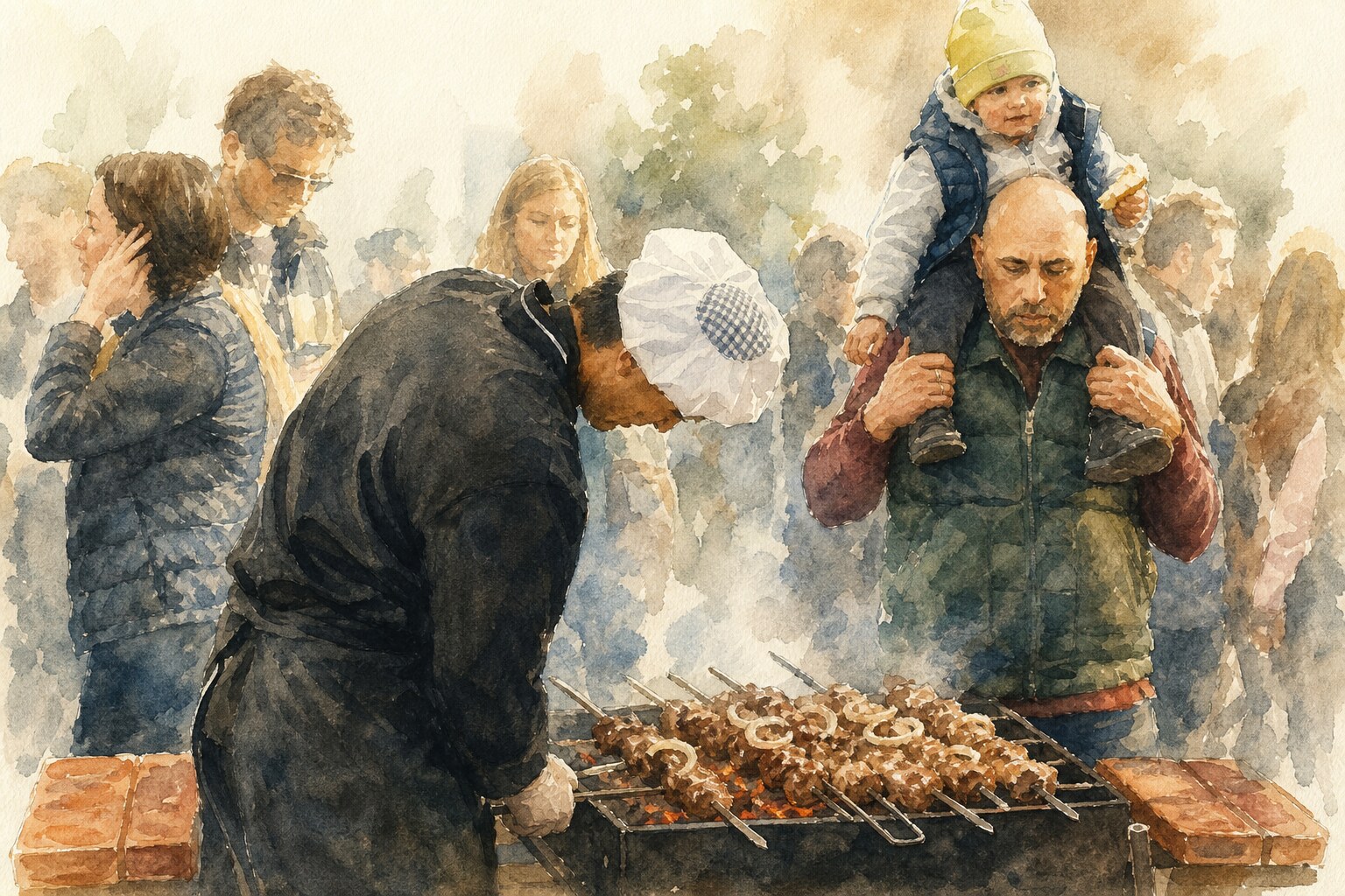 Mtsvadi, Georgian grilled meat skewers over grapevine embers with sliced onion