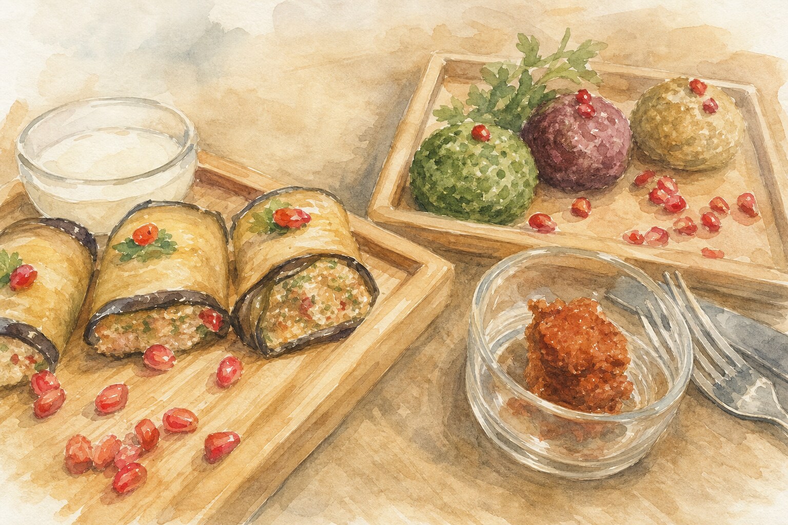 Georgian food starters: pkhali mounds in three colors and badrijani nigvzit eggplant rolls with pomegranate seeds