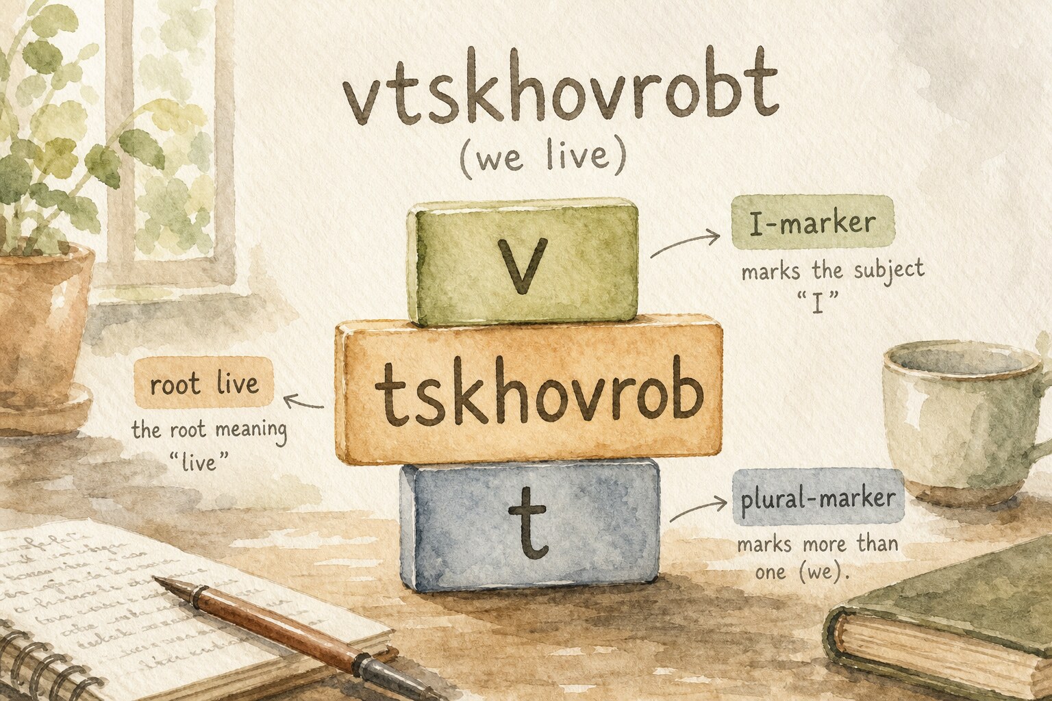 Diagram of the Georgian verb vtskhovrobt built from three blocks: the v- I-marker, the root tskhovrob, and the plural -t, showing how Georgian grammar stacks pieces into one word