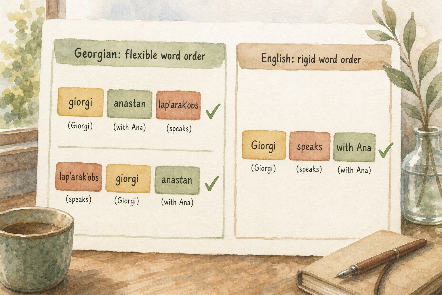 Illustration of one Georgian sentence, giorgi lap'arak'obs anastan, shown in two different word orders that both work, next to a rigid English sentence that allows only one